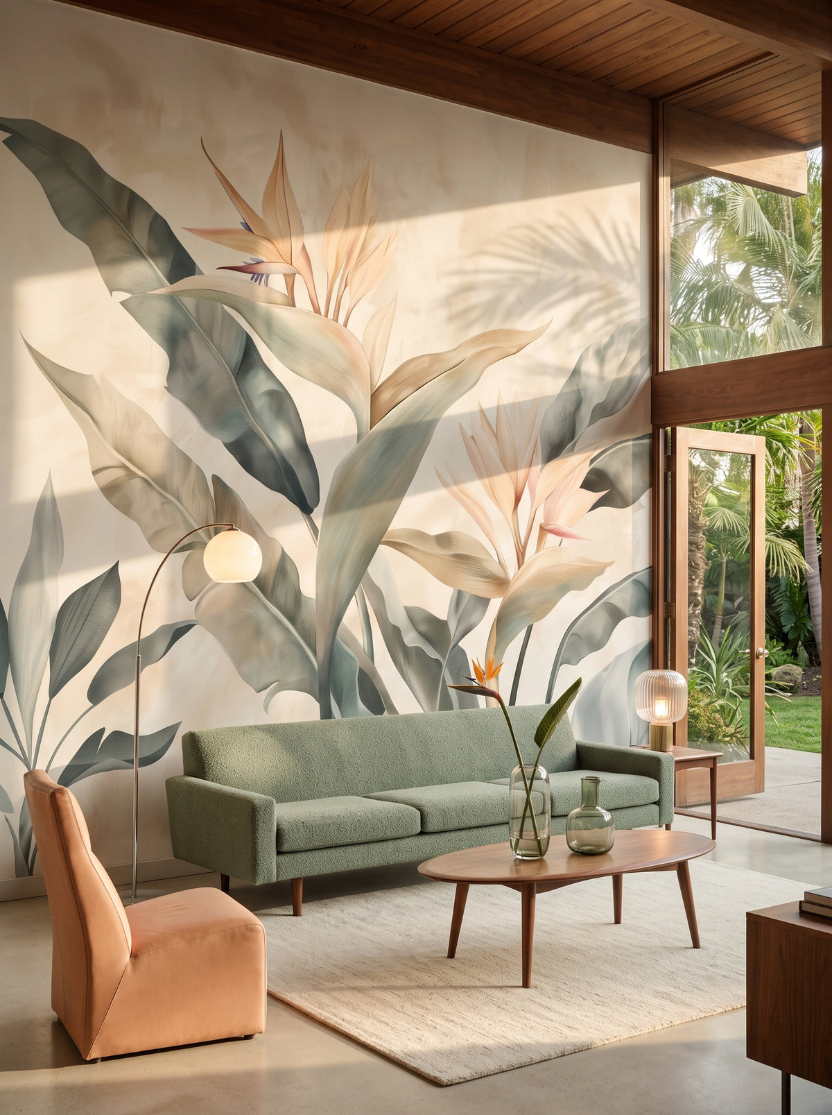 Fototapeta artystyczna o nazwie SERENE PALMS w aranżacji wnętrza: salon w kalifornijskim domu z połowy XX wieku.