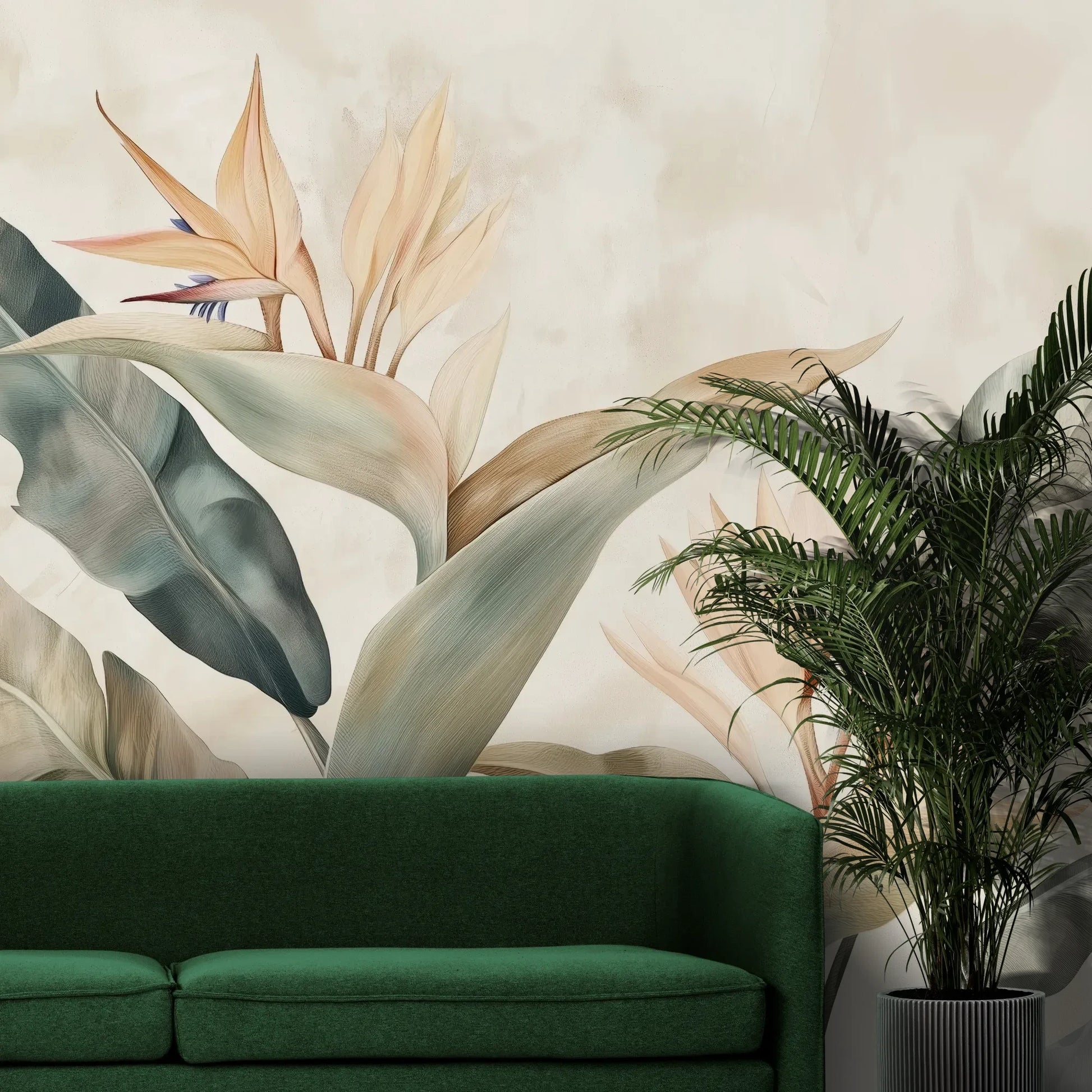 Fototapeta SERENE PALMS - tapeta z tropikalnymi liśćmi w pastelowych odcieniach pokazana w aranżacji wnętrza z akcentem na ścianie.
