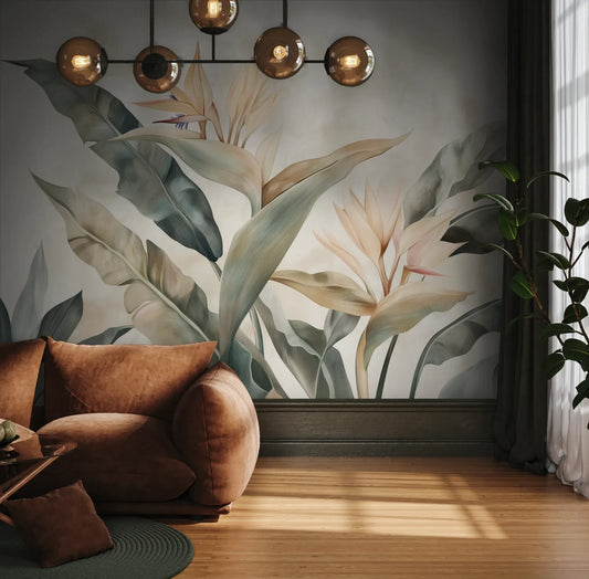 Fototapeta SERENE PALMS - tapeta z tropikalnymi liśćmi w pastelowych odcieniach pokazana w aranżacji wnętrza z akcentem na ścianie.