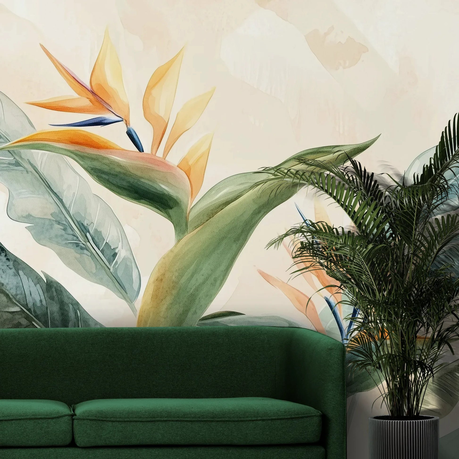 Fototapeta STRELITZIA OASIS - tapeta z tropikalnymi kwiatami rajskiego ptaka pokazana w aranżacji wnętrza z akcentem na ścianie.