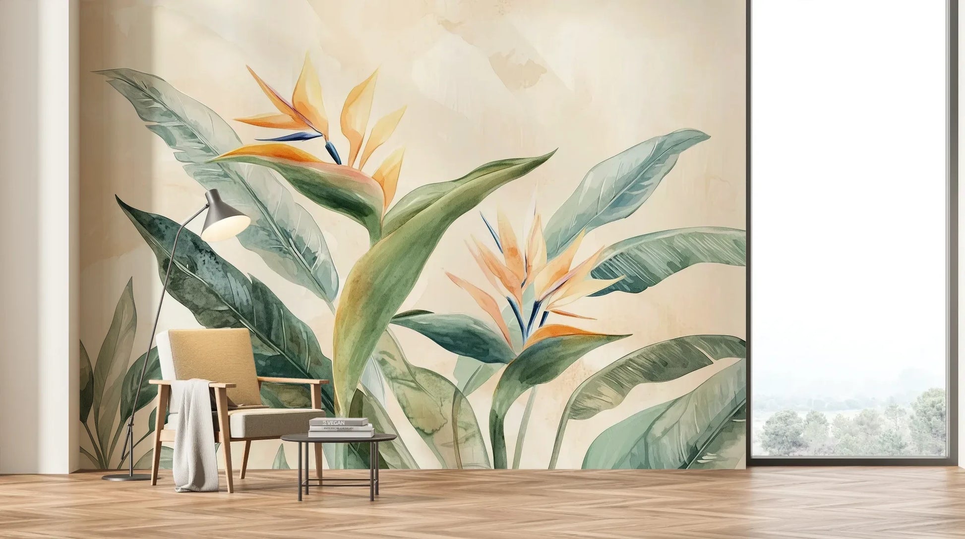 Wzór fototapety STRELITZIA OASIS - tapeta z tropikalnymi kwiatami rajskiego ptaka pokazanej w aranżacji salonu.