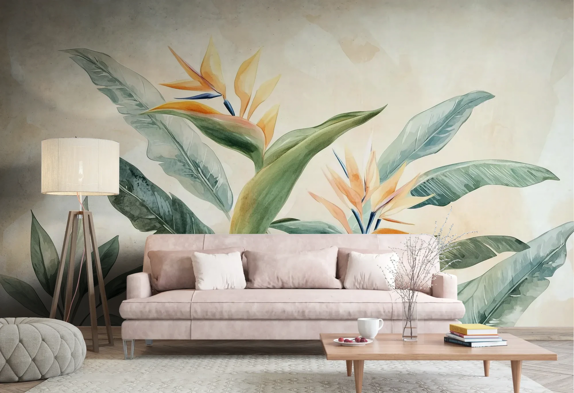 Wzór fototapety STRELITZIA OASIS - tapeta z tropikalnymi kwiatami rajskiego ptaka pokazanej w aranżacji salonu.