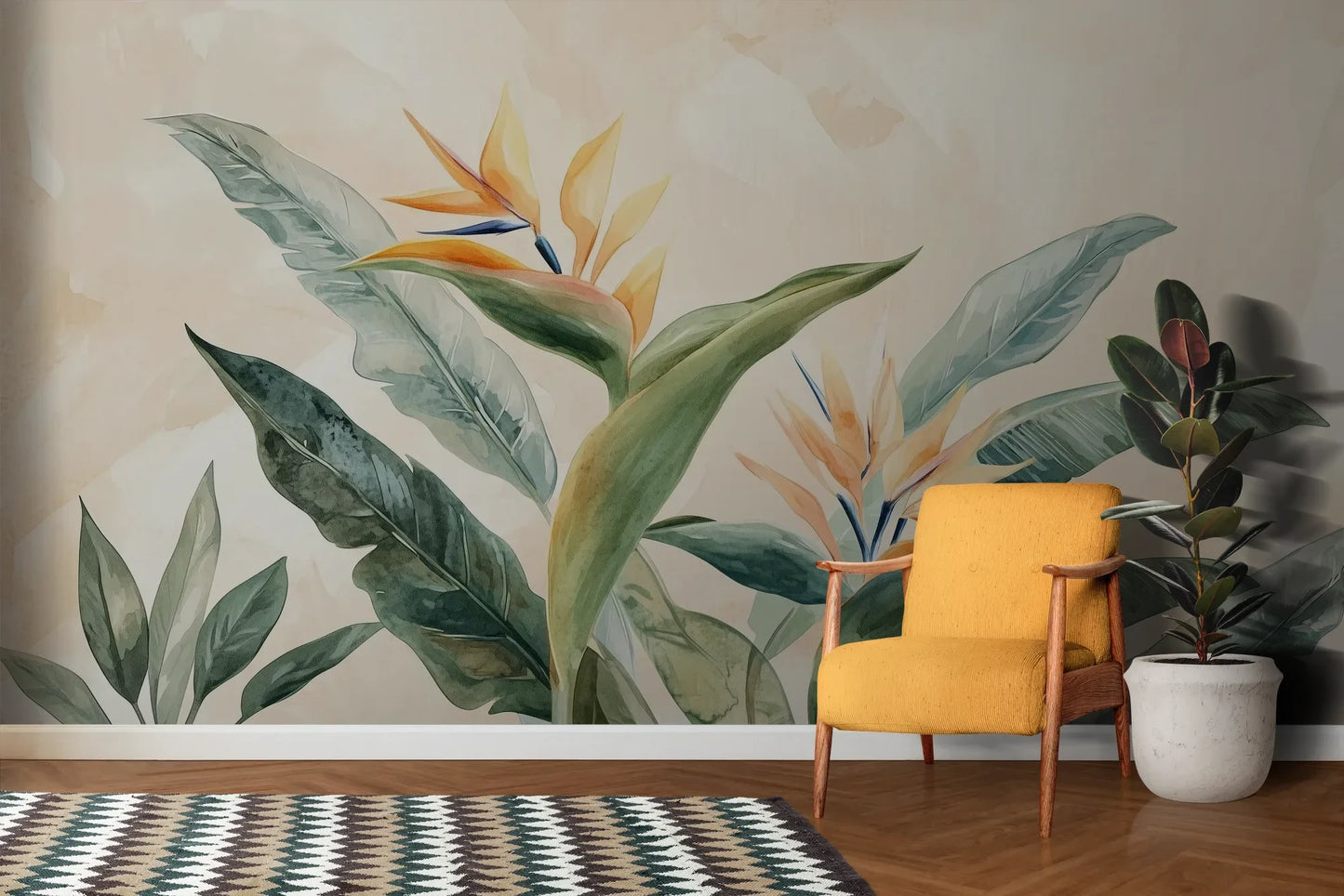 Wzór fototapety STRELITZIA OASIS - tapeta z tropikalnymi kwiatami rajskiego ptaka pokazanej w aranżacji salonu.