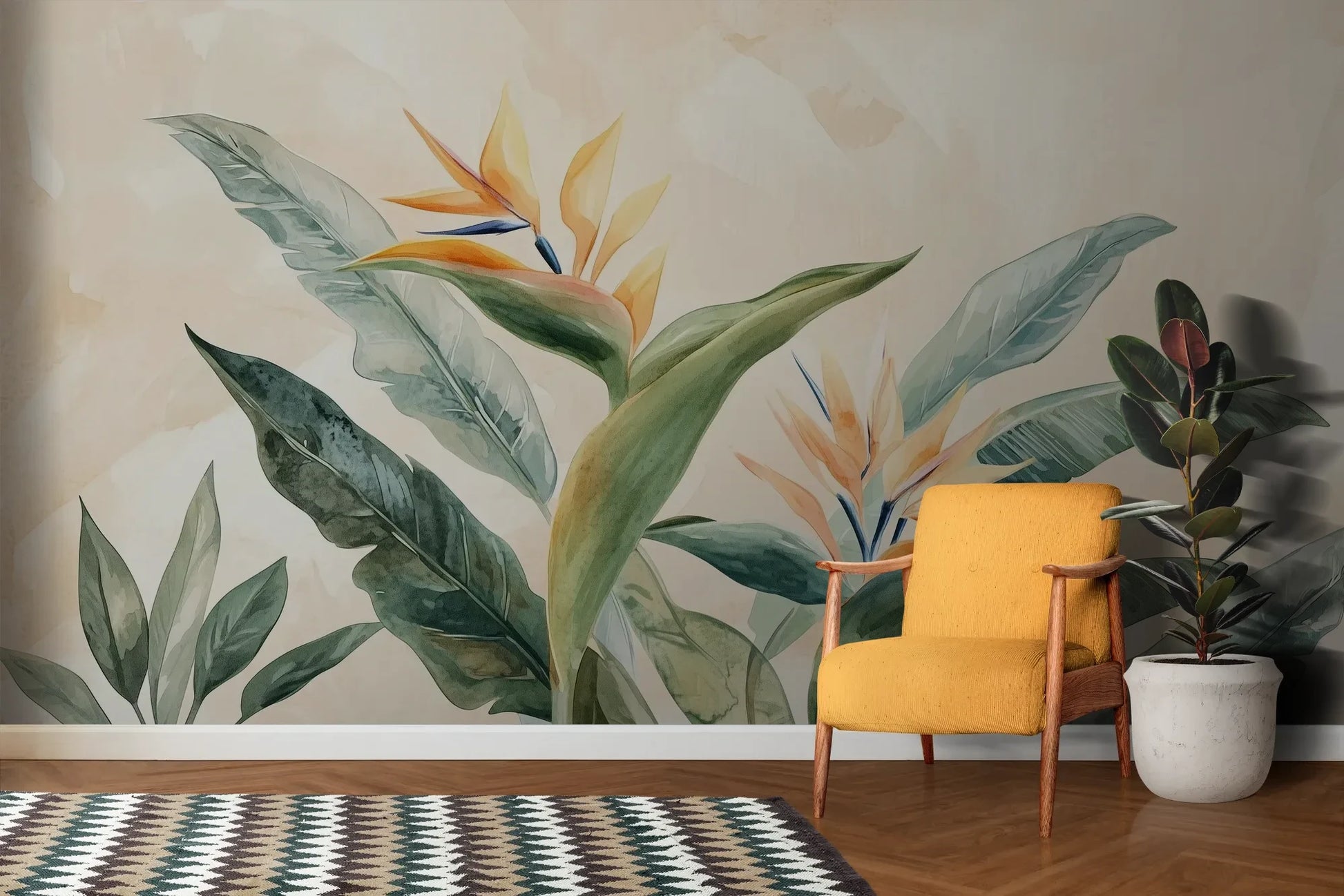 Wzór fototapety STRELITZIA OASIS - tapeta z tropikalnymi kwiatami rajskiego ptaka pokazanej w aranżacji salonu.