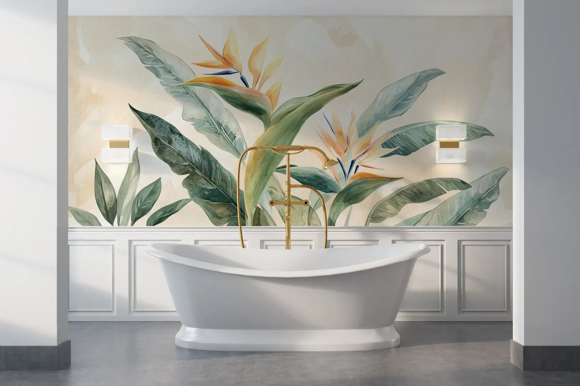Wzór fototapety STRELITZIA OASIS - tapeta z tropikalnymi kwiatami rajskiego ptaka pokazanej w aranżacji łazienki.