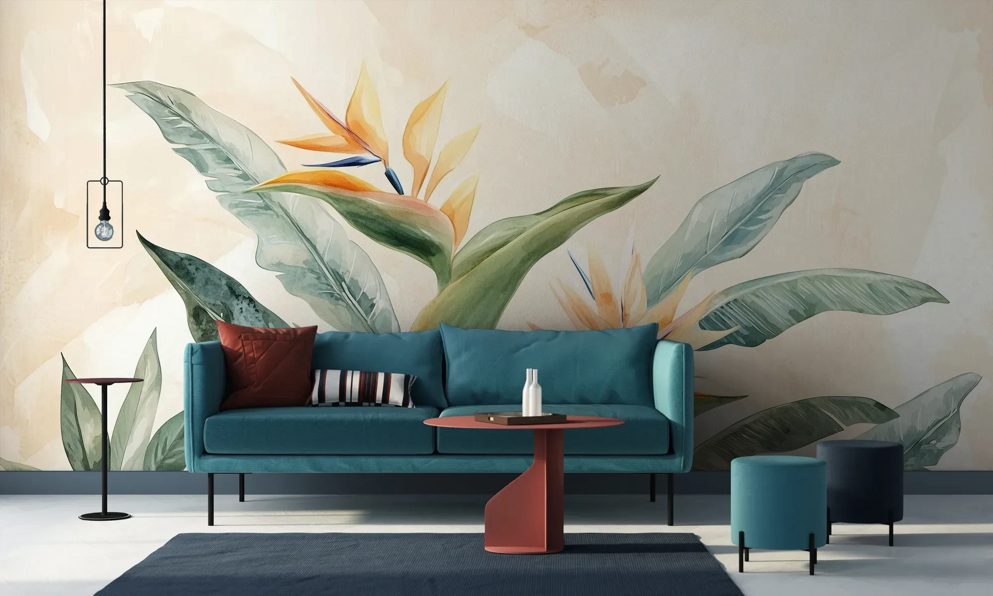 Wzór fototapety STRELITZIA OASIS - tapeta z tropikalnymi kwiatami rajskiego ptaka pokazanej w aranżacji salonu.