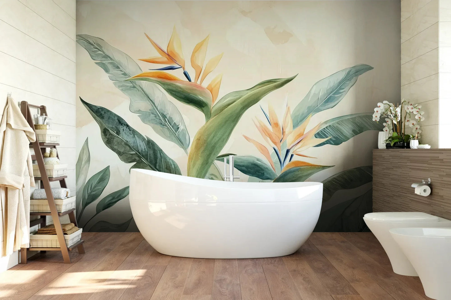 Wzór fototapety STRELITZIA OASIS - tapeta z tropikalnymi kwiatami rajskiego ptaka pokazanej w aranżacji łazienki.