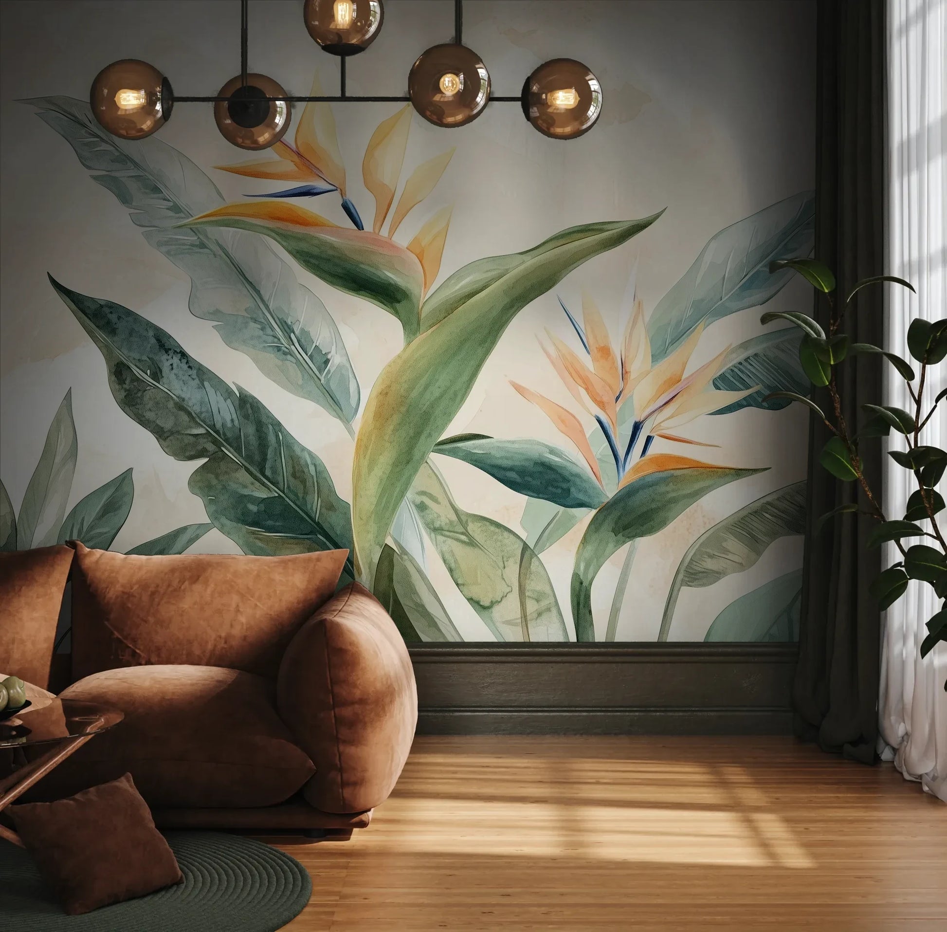 Fototapeta STRELITZIA OASIS - tapeta z tropikalnymi kwiatami rajskiego ptaka pokazana w aranżacji wnętrza z akcentem na ścianie.