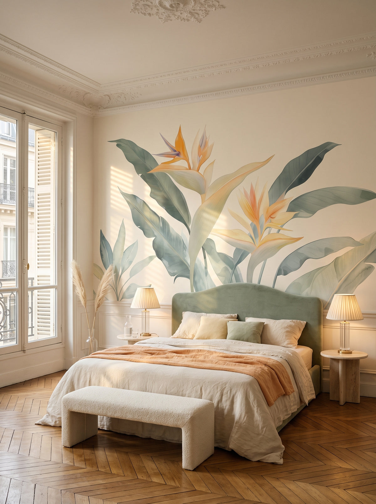 Fototapeta artystyczna o nazwie STRELITZIA SUNRISE w aranżacji wnętrza: sypialnia w paryskiej kamienicy haussmannowskiej.