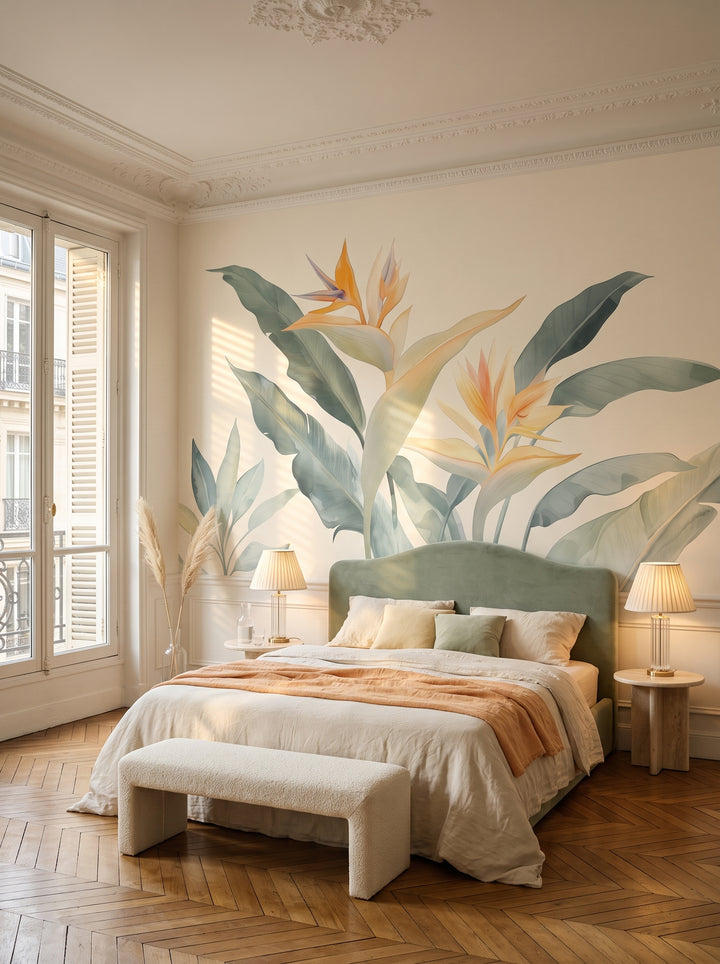 Fototapeta artystyczna o nazwie STRELITZIA SUNRISE w aranżacji wnętrza: sypialnia w paryskiej kamienicy haussmannowskiej.