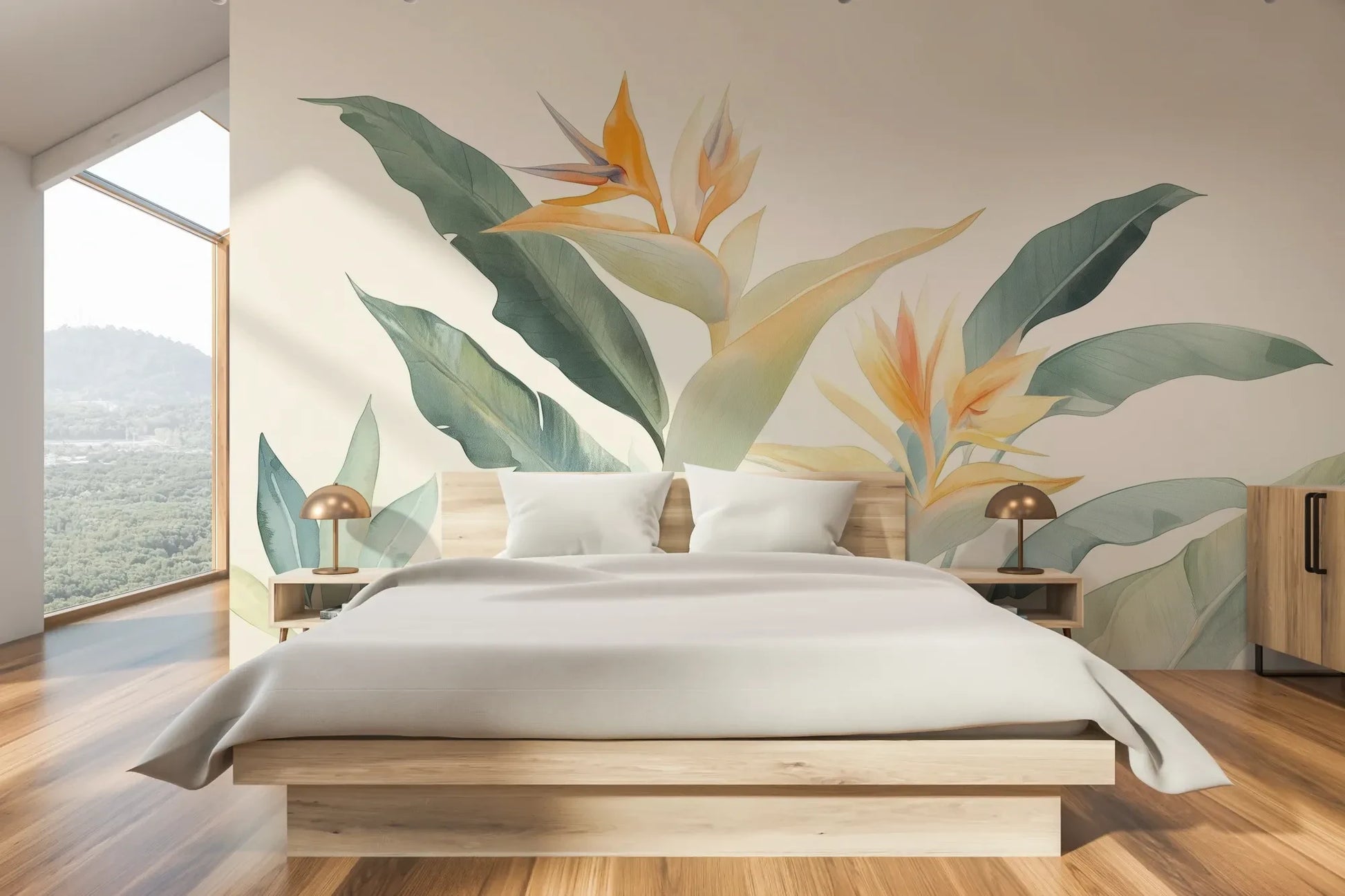 Wzór fototapety STRELITZIA SUNRISE - tapeta z egzotycznymi kwiatami rajskiego ptaka pokazanej w aranżacji sypialni.