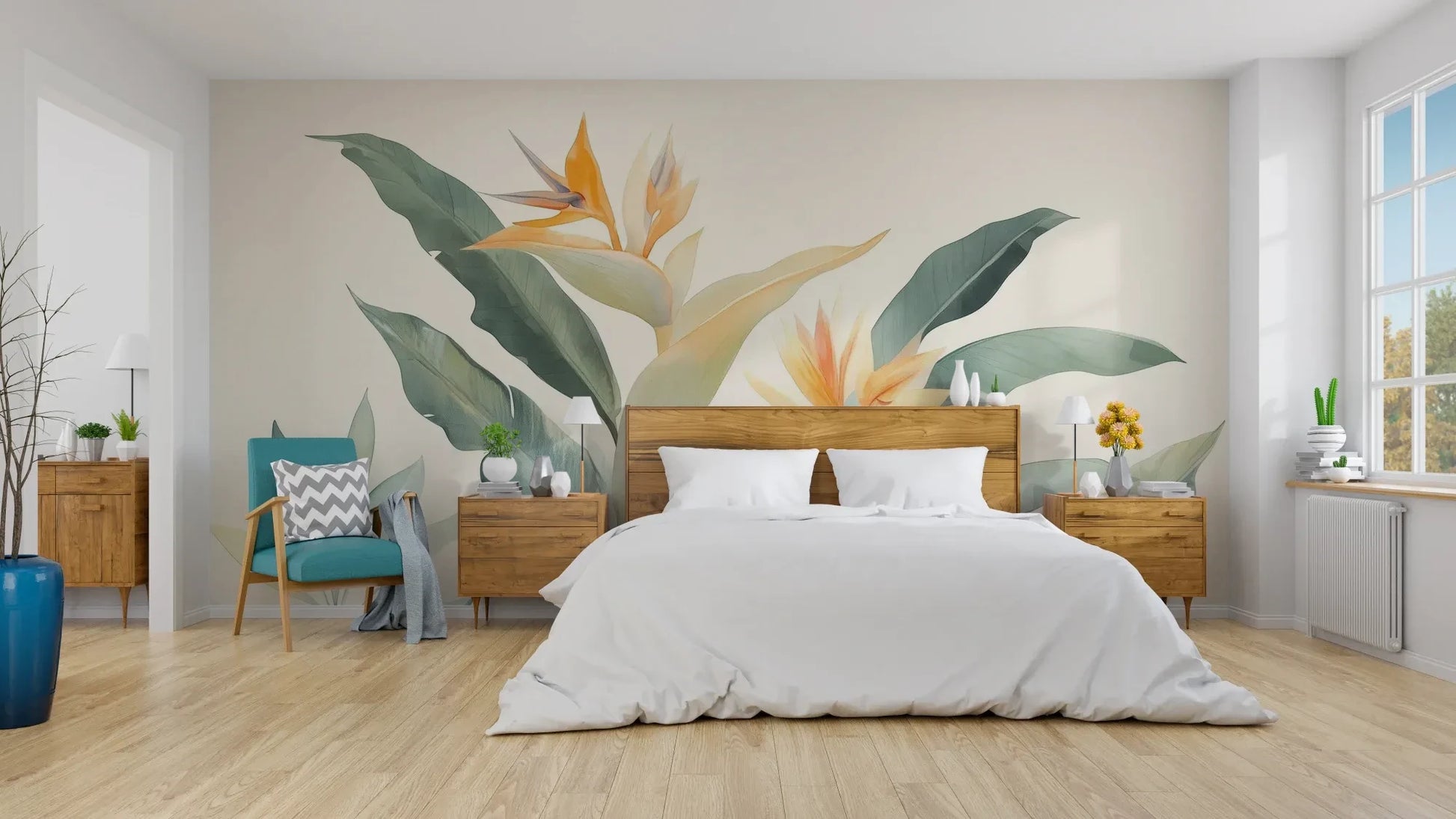 Wzór fototapety STRELITZIA SUNRISE - tapeta z egzotycznymi kwiatami rajskiego ptaka pokazanej w aranżacji sypialni.