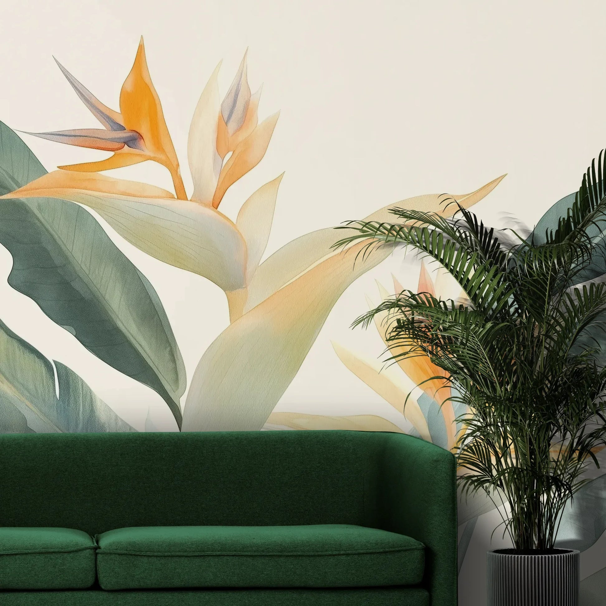 Fototapeta STRELITZIA SUNRISE - tapeta z egzotycznymi kwiatami rajskiego ptaka pokazana w aranżacji wnętrza z akcentem na ścianie.