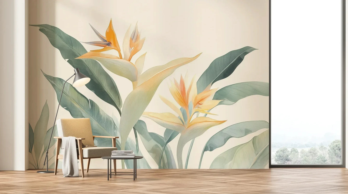 Wzór fototapety STRELITZIA SUNRISE - tapeta z egzotycznymi kwiatami rajskiego ptaka pokazanej w aranżacji salonu.