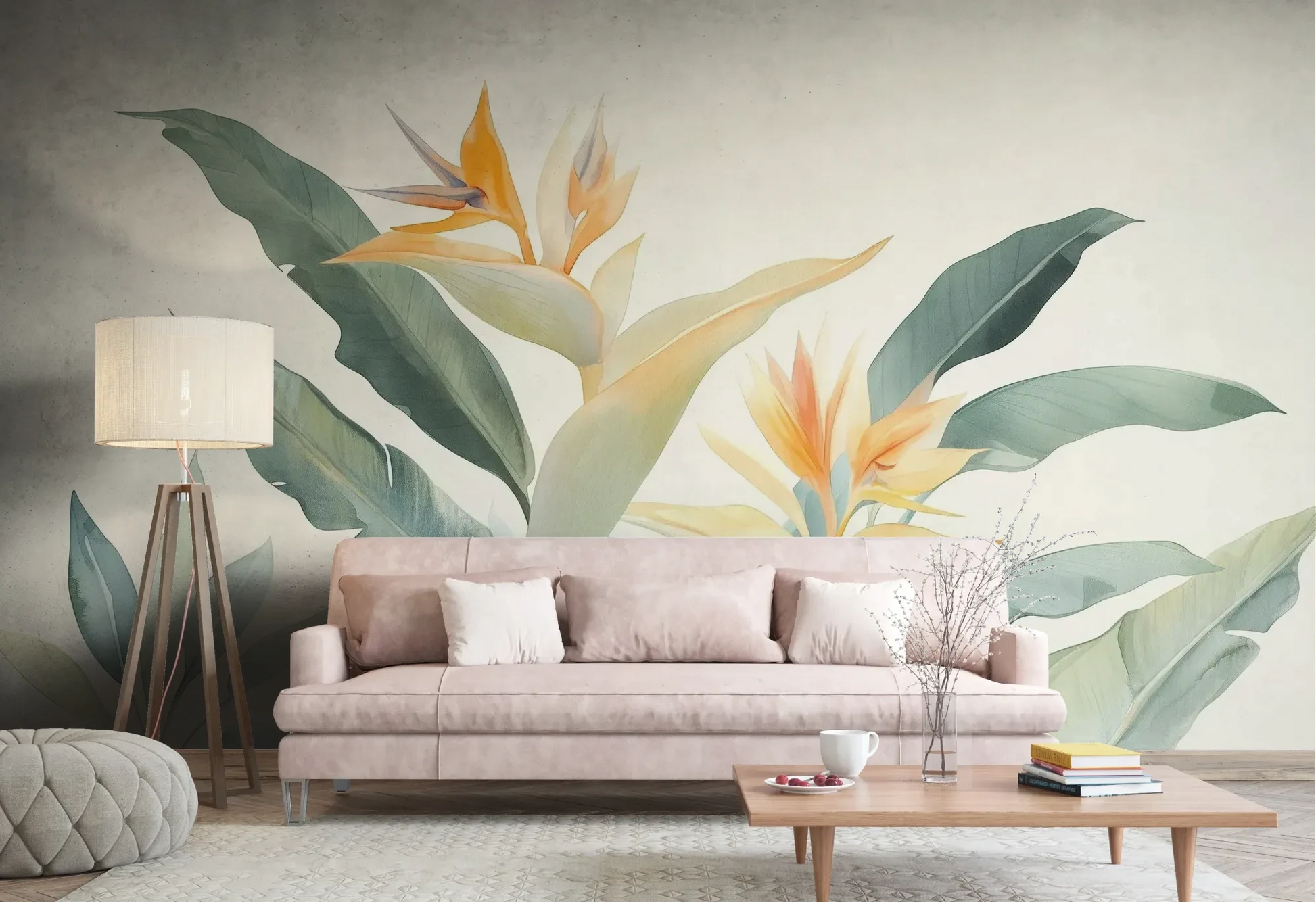 Wzór fototapety STRELITZIA SUNRISE - tapeta z egzotycznymi kwiatami rajskiego ptaka pokazanej w aranżacji salonu.