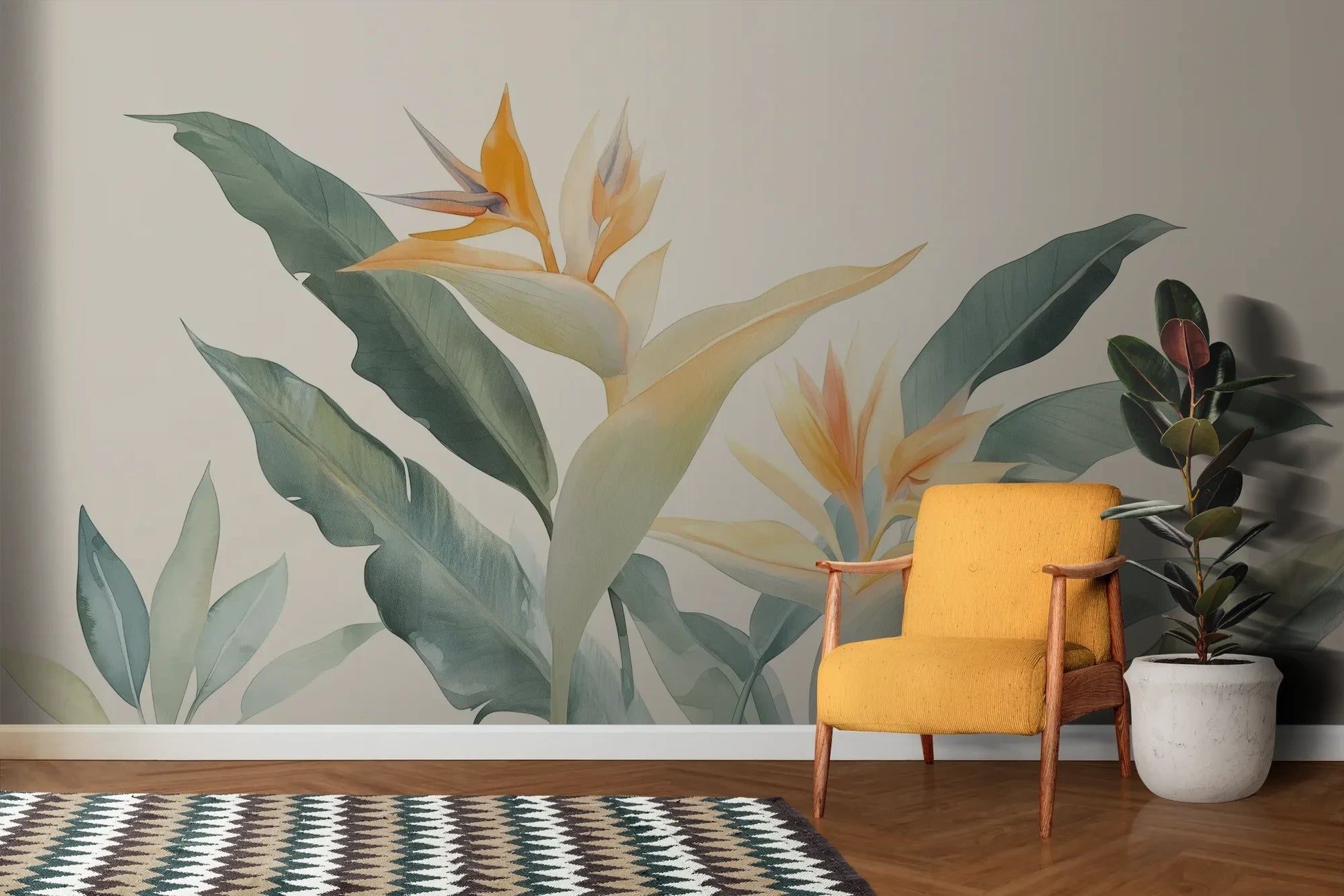 Wzór fototapety STRELITZIA SUNRISE - tapeta z egzotycznymi kwiatami rajskiego ptaka pokazanej w aranżacji salonu.