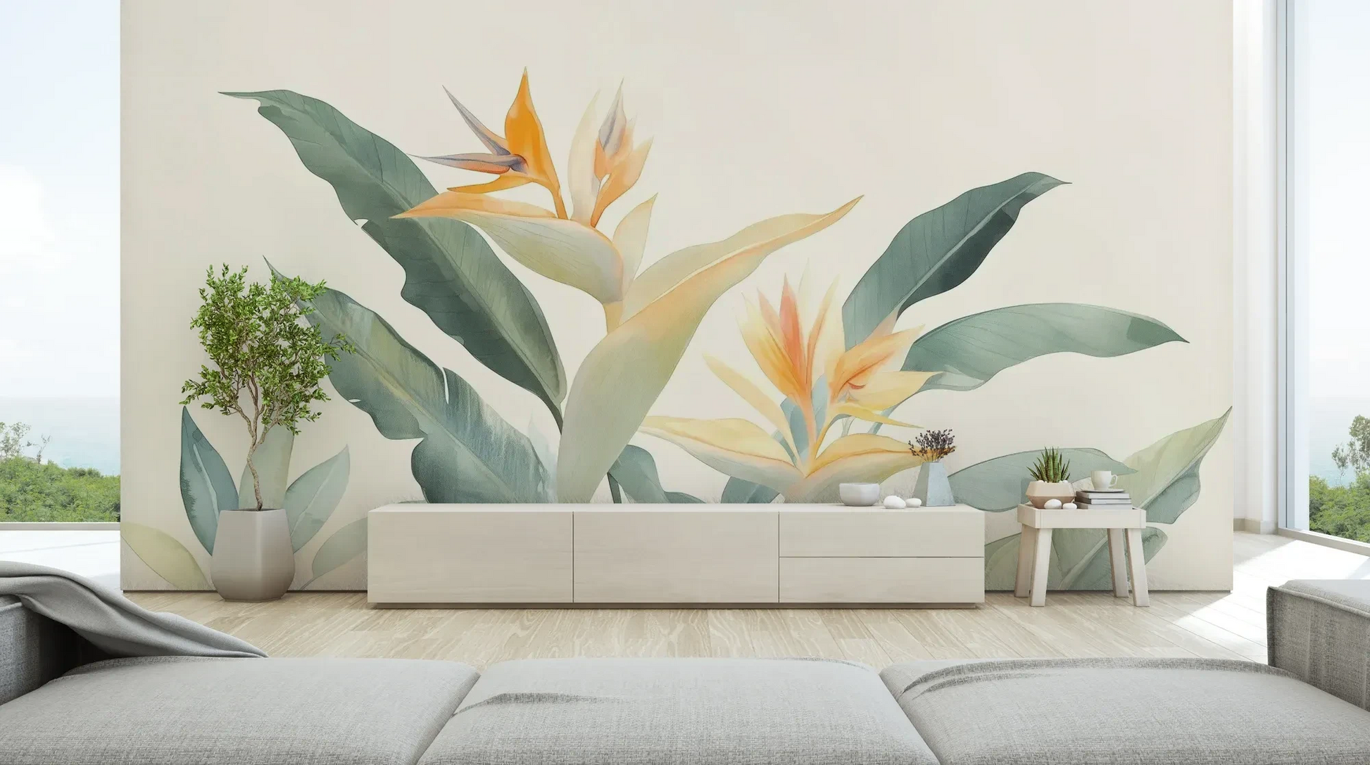 Wzór fototapety STRELITZIA SUNRISE - tapeta z egzotycznymi kwiatami rajskiego ptaka pokazanej w aranżacji salonu.