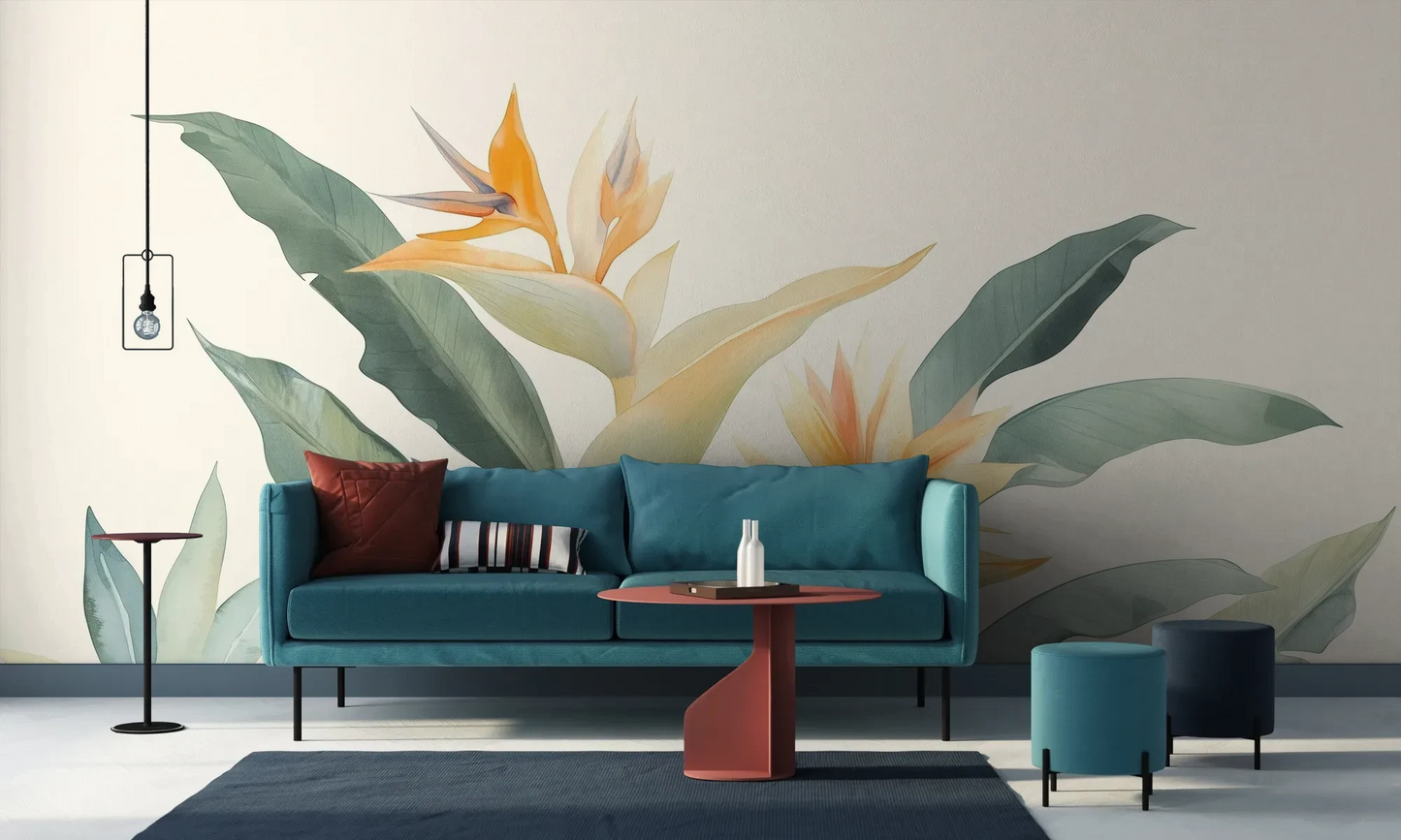 Wzór fototapety STRELITZIA SUNRISE - tapeta z egzotycznymi kwiatami rajskiego ptaka pokazanej w aranżacji salonu.