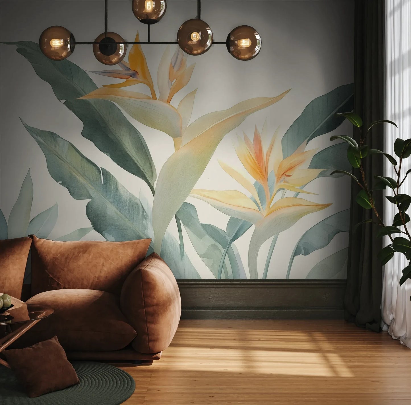 Fototapeta STRELITZIA SUNRISE - tapeta z egzotycznymi kwiatami rajskiego ptaka pokazana w aranżacji wnętrza z akcentem na ścianie.