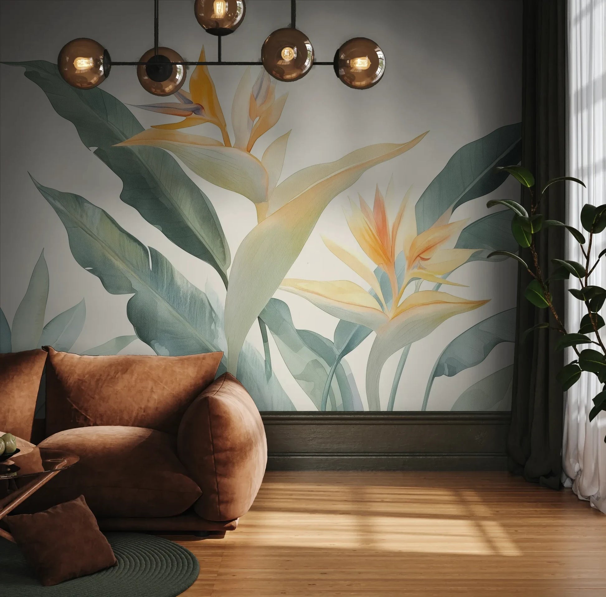 Fototapeta STRELITZIA SUNRISE - tapeta z egzotycznymi kwiatami rajskiego ptaka pokazana w aranżacji wnętrza z akcentem na ścianie.