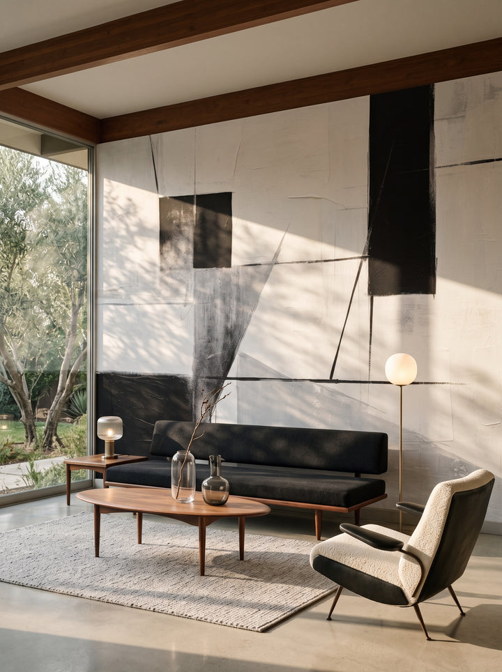 Fototapeta artystyczna o nazwie Crystalline Angles w aranżacji wnętrza: salon w kalifornijskim domu modernistycznym z lat 50..