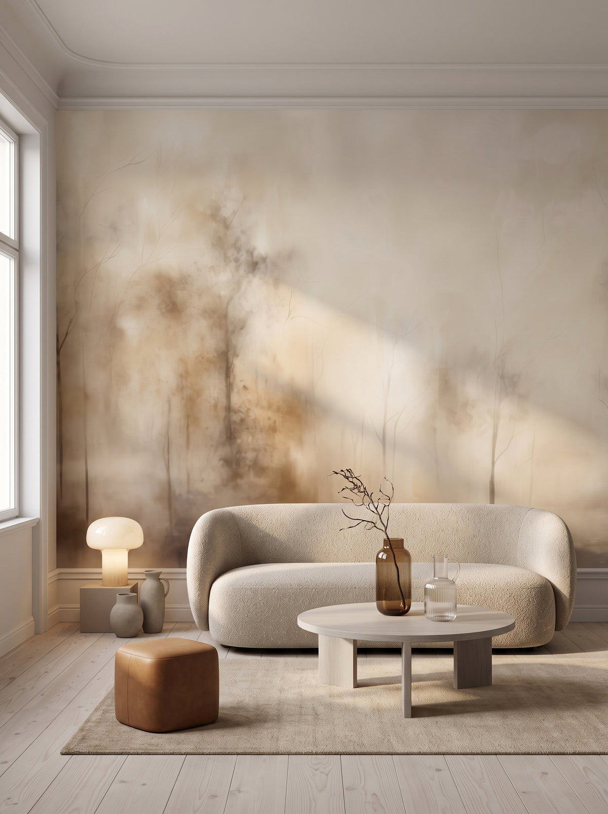 Fototapeta artystyczna o nazwie SEPIA SILENCE FOREST MURAL w aranżacji wnętrza: studio w kopenhaskiej kamienicy.