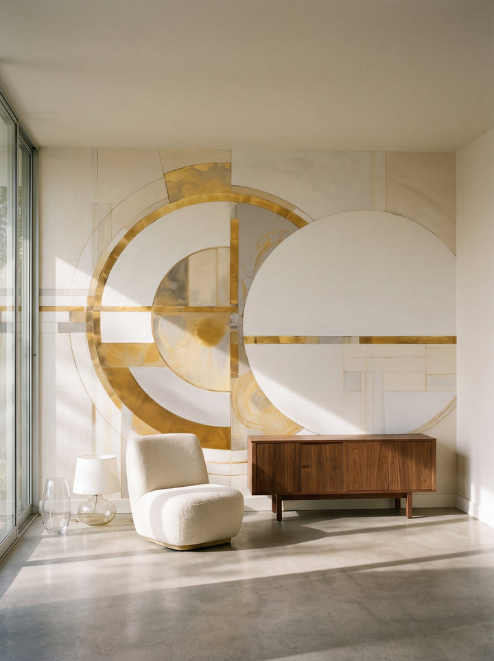 Fototapeta artystyczna o nazwie CONCENTRIC GLORY w aranżacji wnętrza: salon w kalifornijskim domu mid-century.