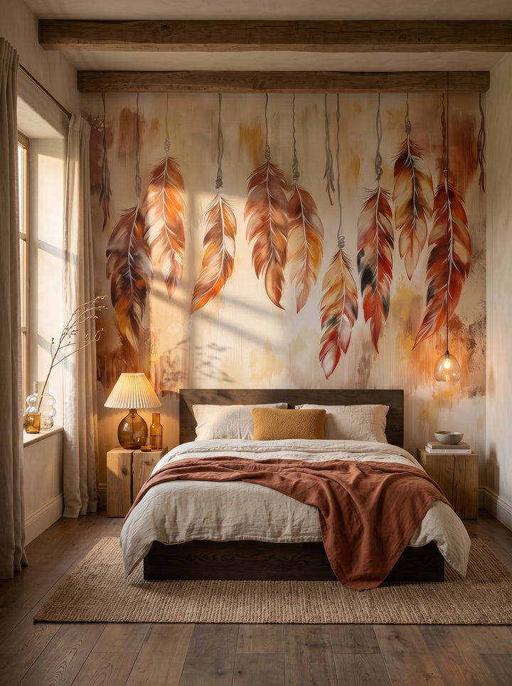 Fototapeta artystyczna o nazwie Warm Elegance w aranżacji wnętrza: sypialnia wabi-sabi z tynkiem wapiennym.
