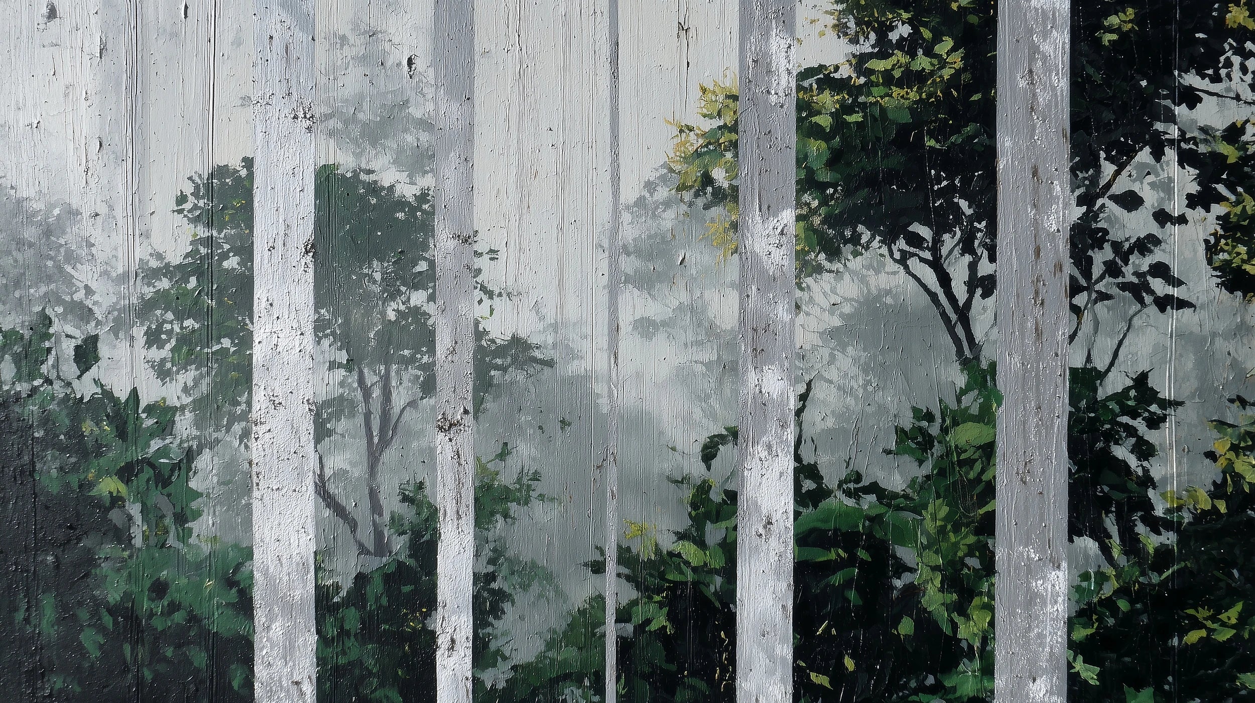 Pattern preview: Prezentacja całego wzoru fototapety o nazwie FOREST VEILS - tapeta z mglistym brzezinowym lasem