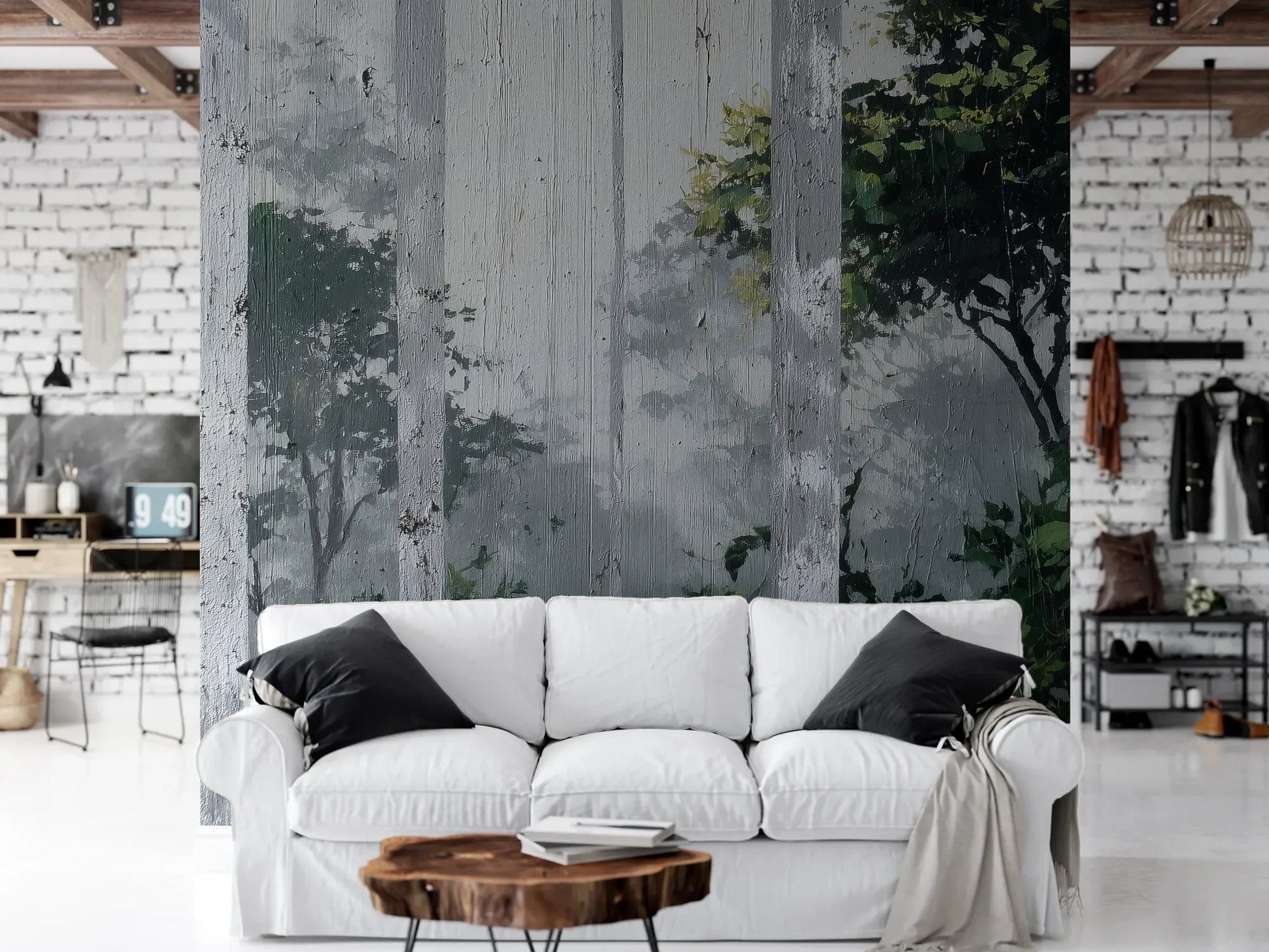 Wzór fototapety FOREST VEILS - tapeta z mglistym brzezinowym lasem pokazanej w aranżacji salonu.