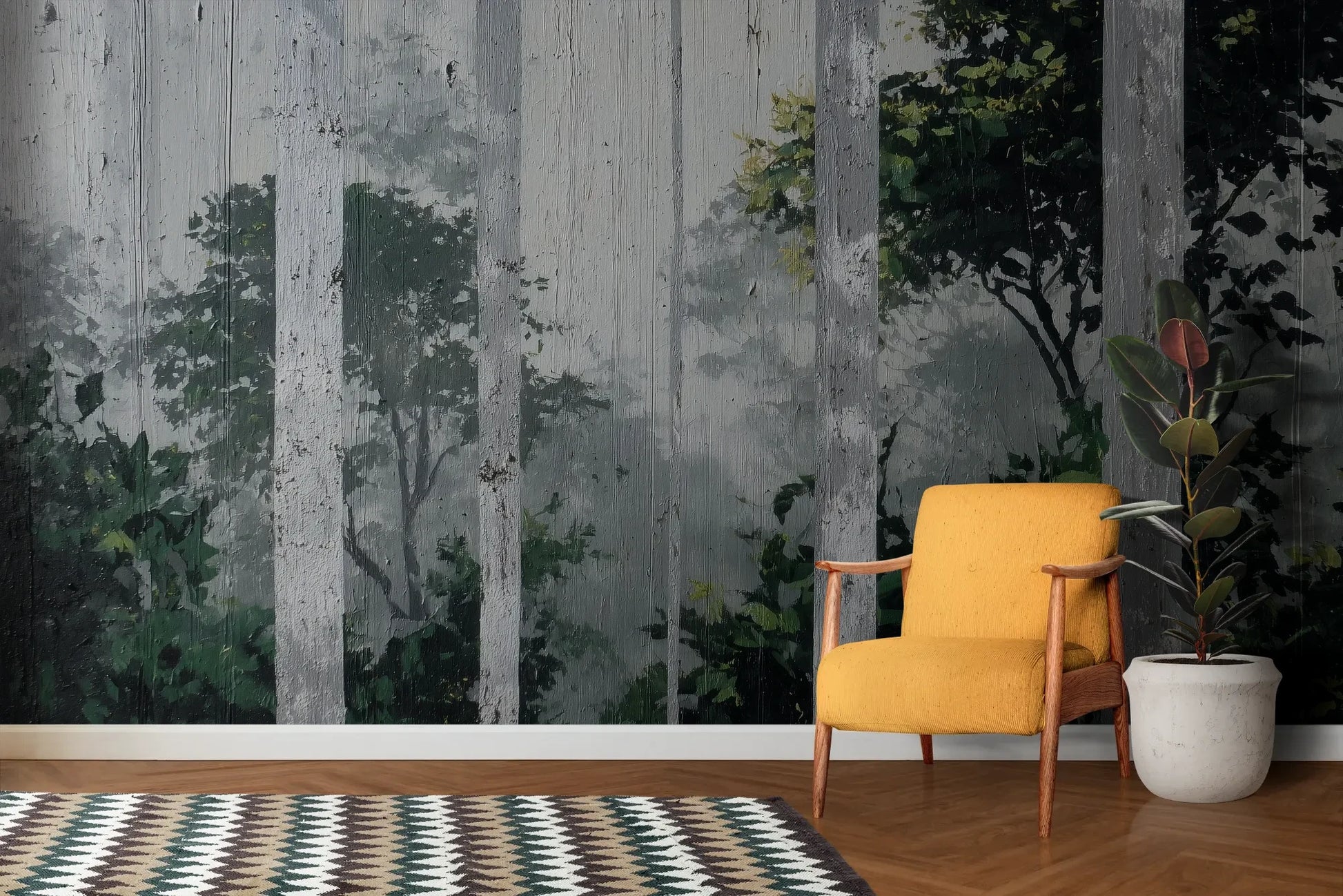 Wzór fototapety FOREST VEILS - tapeta z mglistym brzezinowym lasem pokazanej w aranżacji salonu.