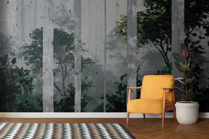 Wzór fototapety FOREST VEILS - tapeta z mglistym brzezinowym lasem pokazanej w aranżacji salonu.
