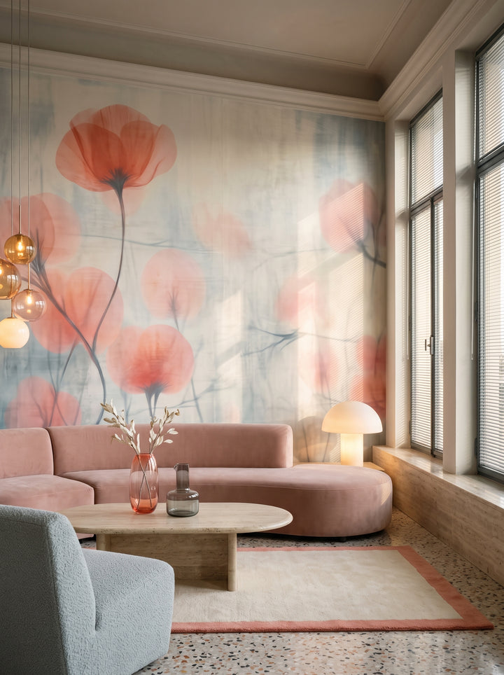 Fototapeta artystyczna o nazwie Misty Flora Softness w aranżacji wnętrza: salon w mediolańskim apartamencie z lat 70..