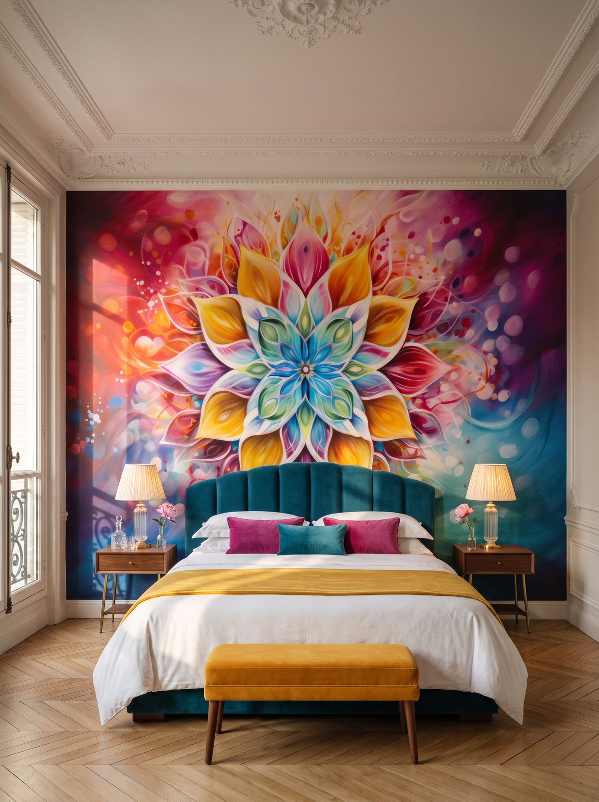 Fototapeta artystyczna o nazwie Harmonic Lotus w aranżacji wnętrza: sypialnia w paryskim apartamencie.