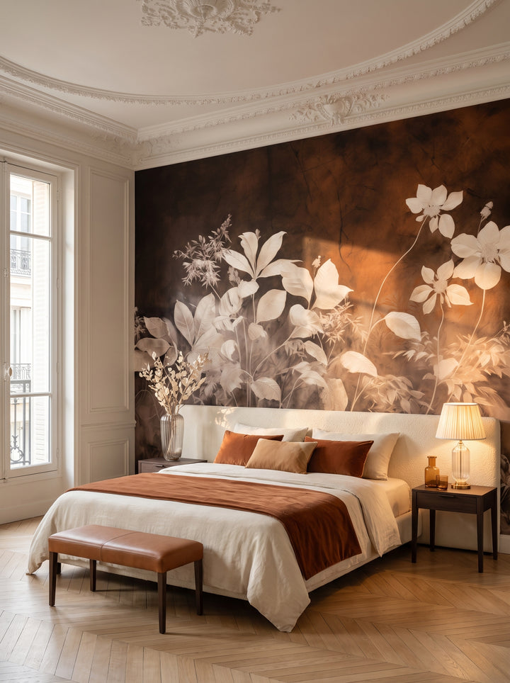 Fototapeta artystyczna o nazwie Bronze Leaf Silhouettes w aranżacji wnętrza: sypialnia w paryskim apartamencie.