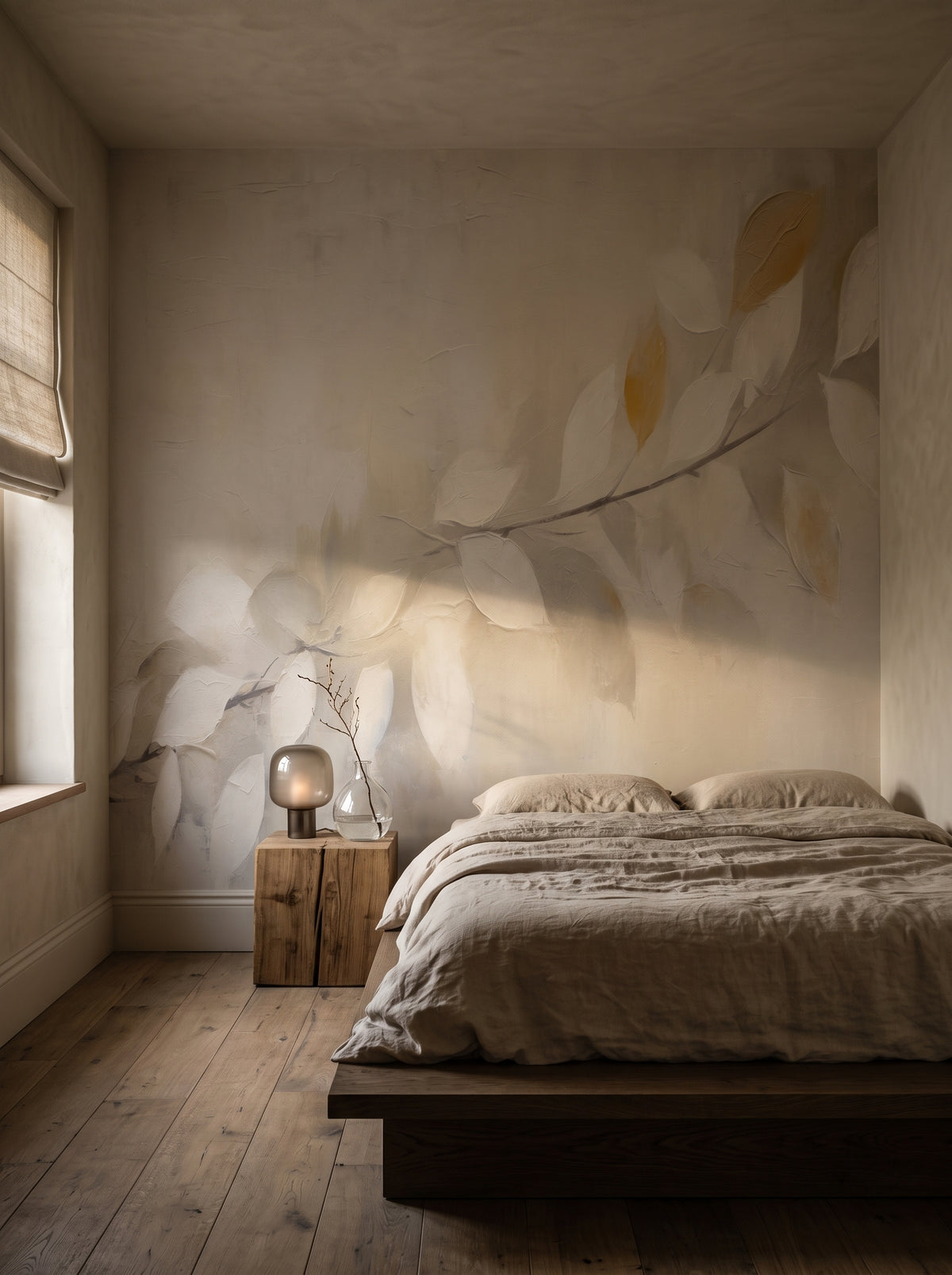Fototapeta artystyczna o nazwie Golden Whisper w aranżacji wnętrza: sypialnia wabi-sabi.