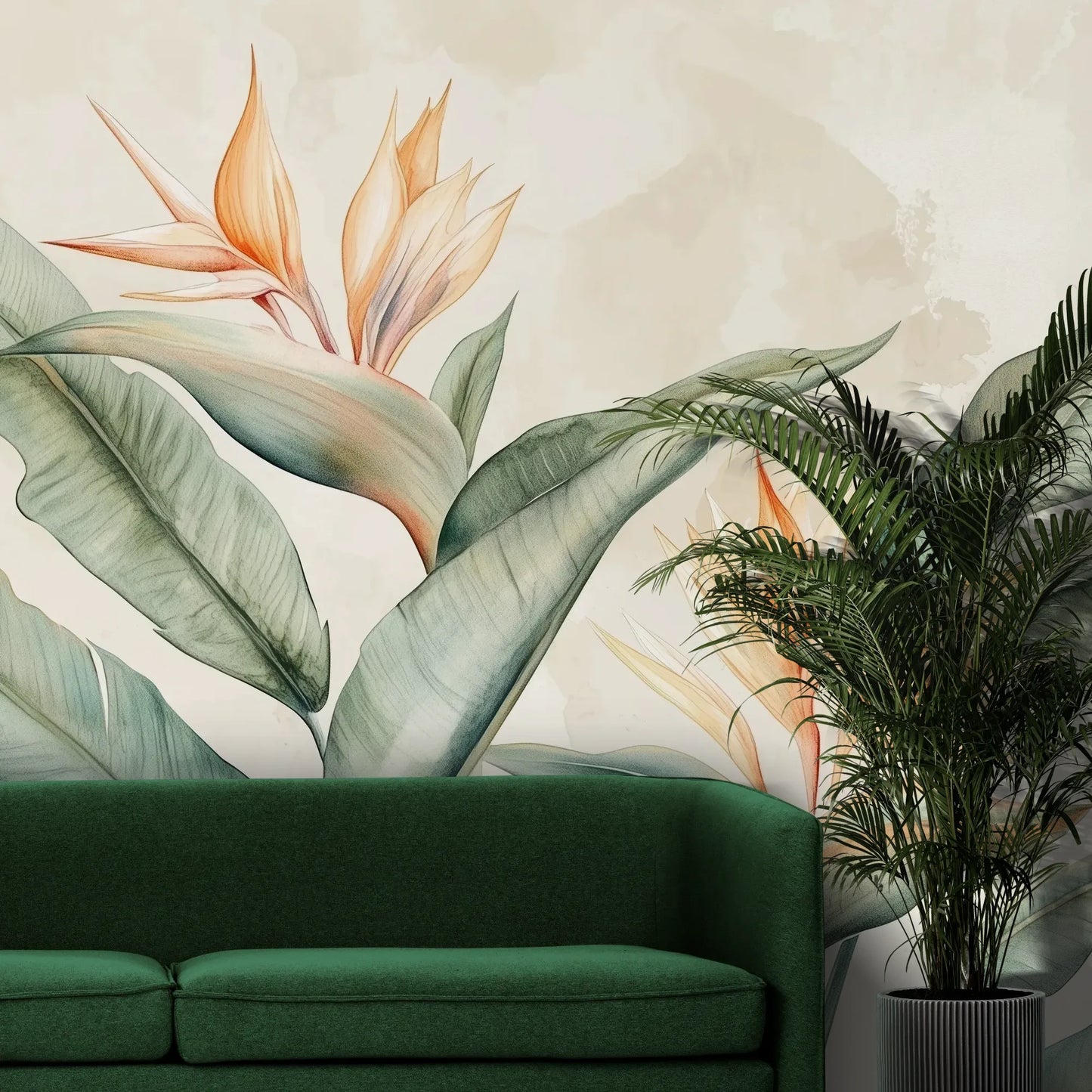 Fototapeta STRELITZIA MELODY - tapeta z rajskimi kwiatami w pastelowych odcieniach pokazana w aranżacji wnętrza z akcentem na ścianie.