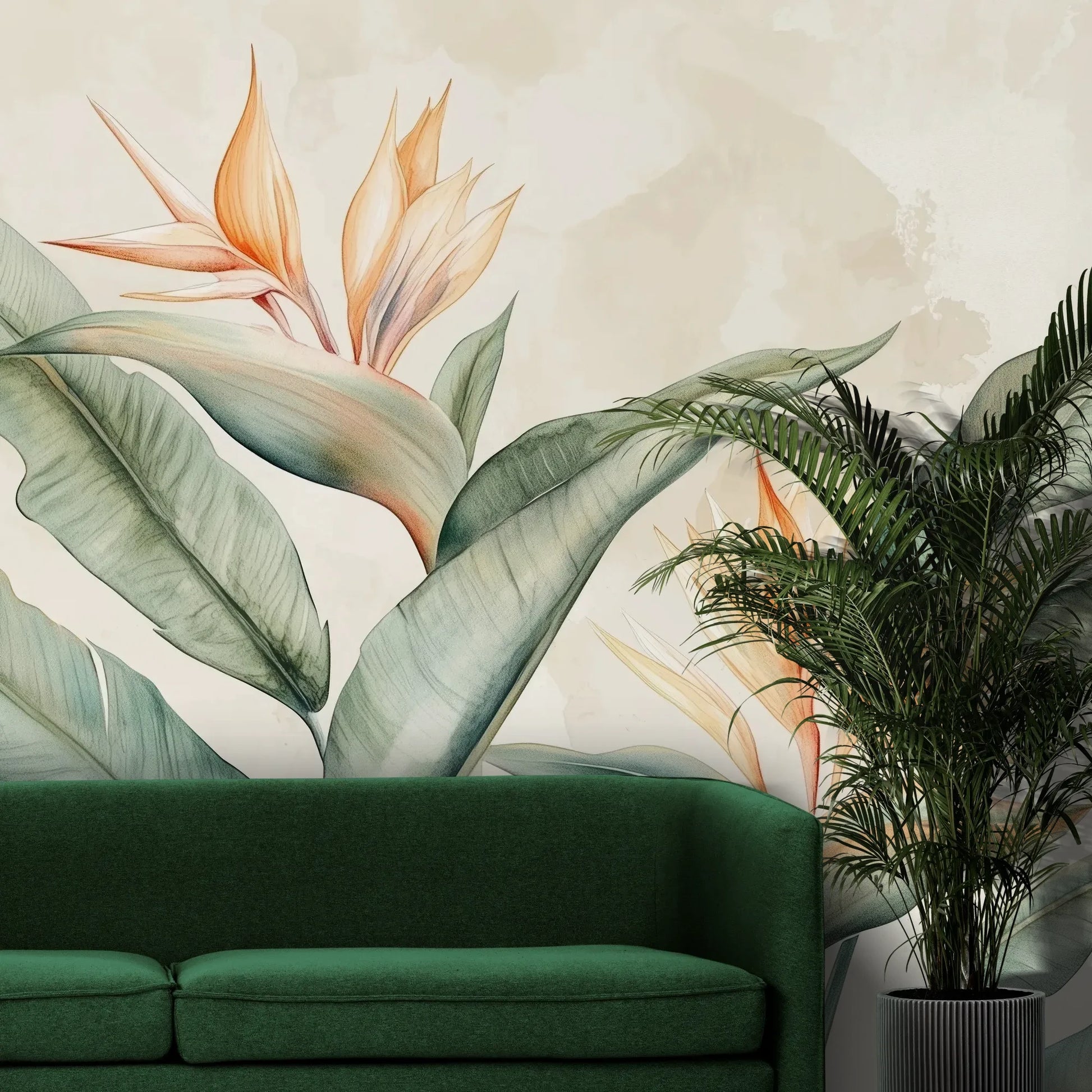 Fototapeta STRELITZIA MELODY - tapeta z rajskimi kwiatami w pastelowych odcieniach pokazana w aranżacji wnętrza z akcentem na ścianie.