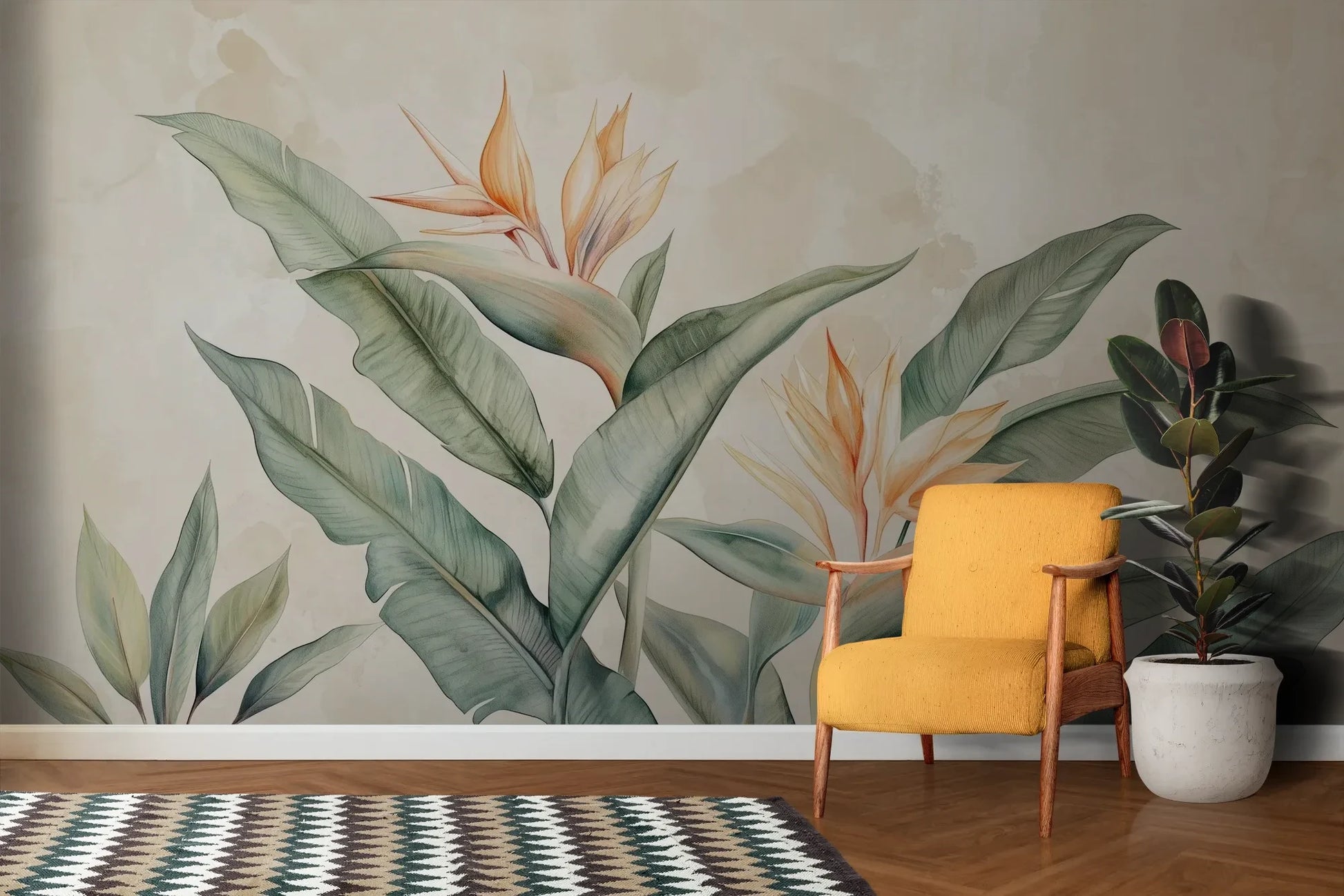 Wzór fototapety STRELITZIA MELODY - tapeta z rajskimi kwiatami w pastelowych odcieniach pokazanej w aranżacji salonu.