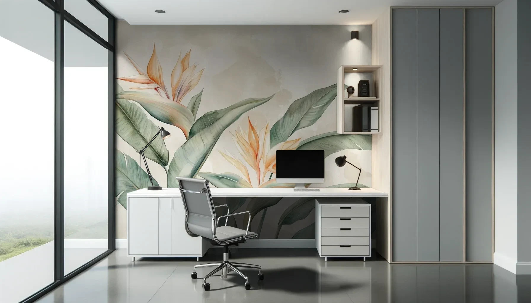 Fototapeta STRELITZIA MELODY - tapeta z rajskimi kwiatami w pastelowych odcieniach pokazana w aranżacji biura.