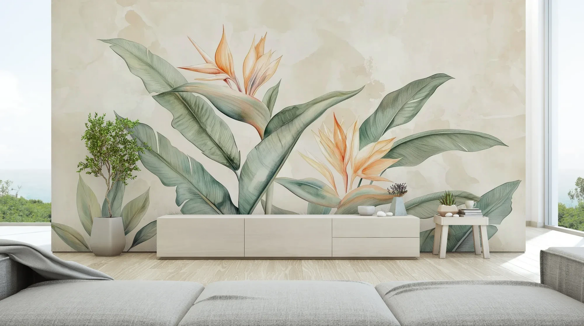 Wzór fototapety STRELITZIA MELODY - tapeta z rajskimi kwiatami w pastelowych odcieniach pokazanej w aranżacji salonu.
