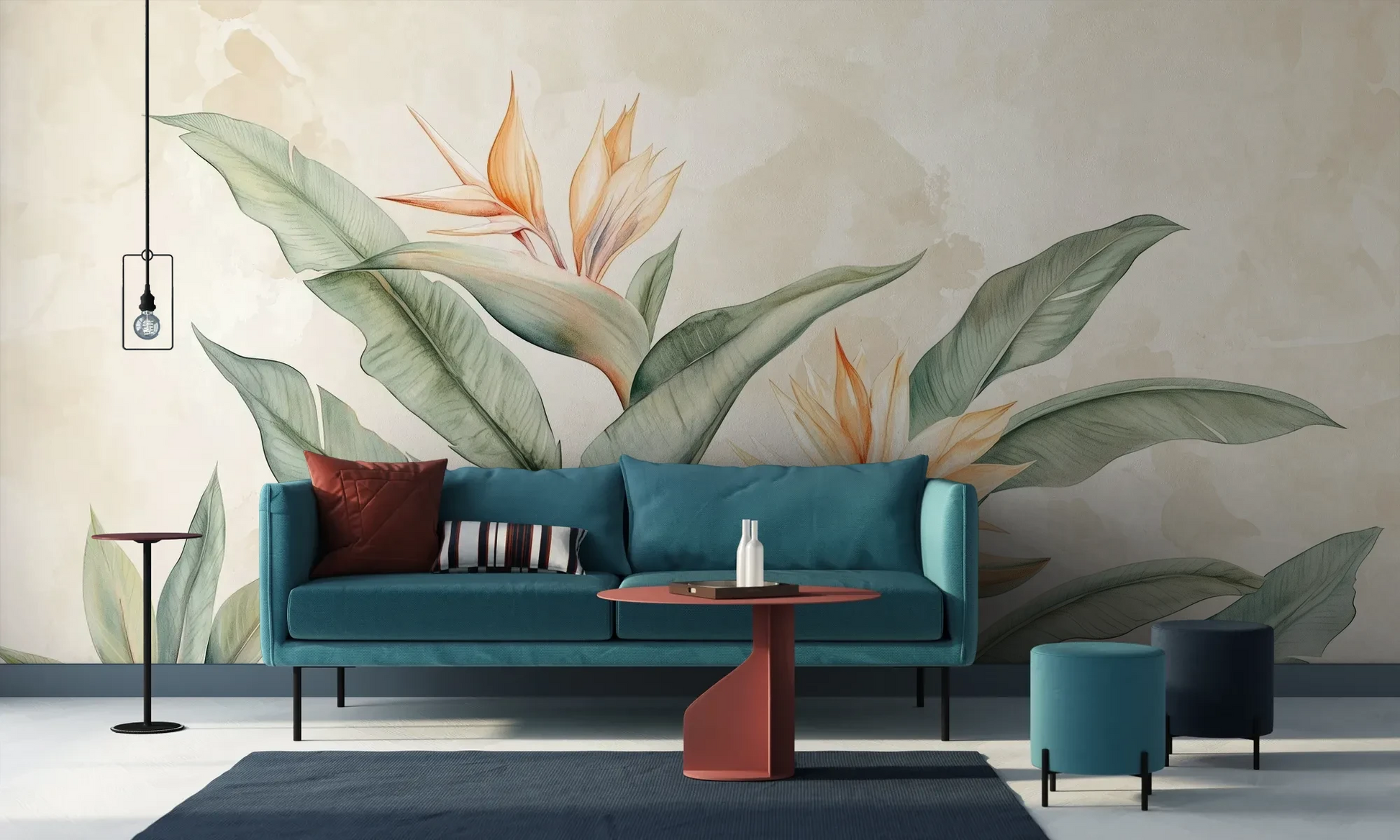 Wzór fototapety STRELITZIA MELODY - tapeta z rajskimi kwiatami w pastelowych odcieniach pokazanej w aranżacji salonu.