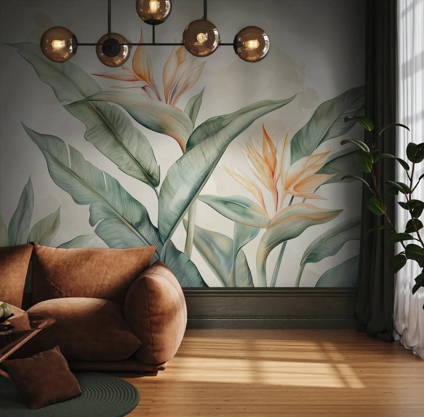 Fototapeta STRELITZIA MELODY - tapeta z rajskimi kwiatami w pastelowych odcieniach pokazana w aranżacji wnętrza z akcentem na ścianie.