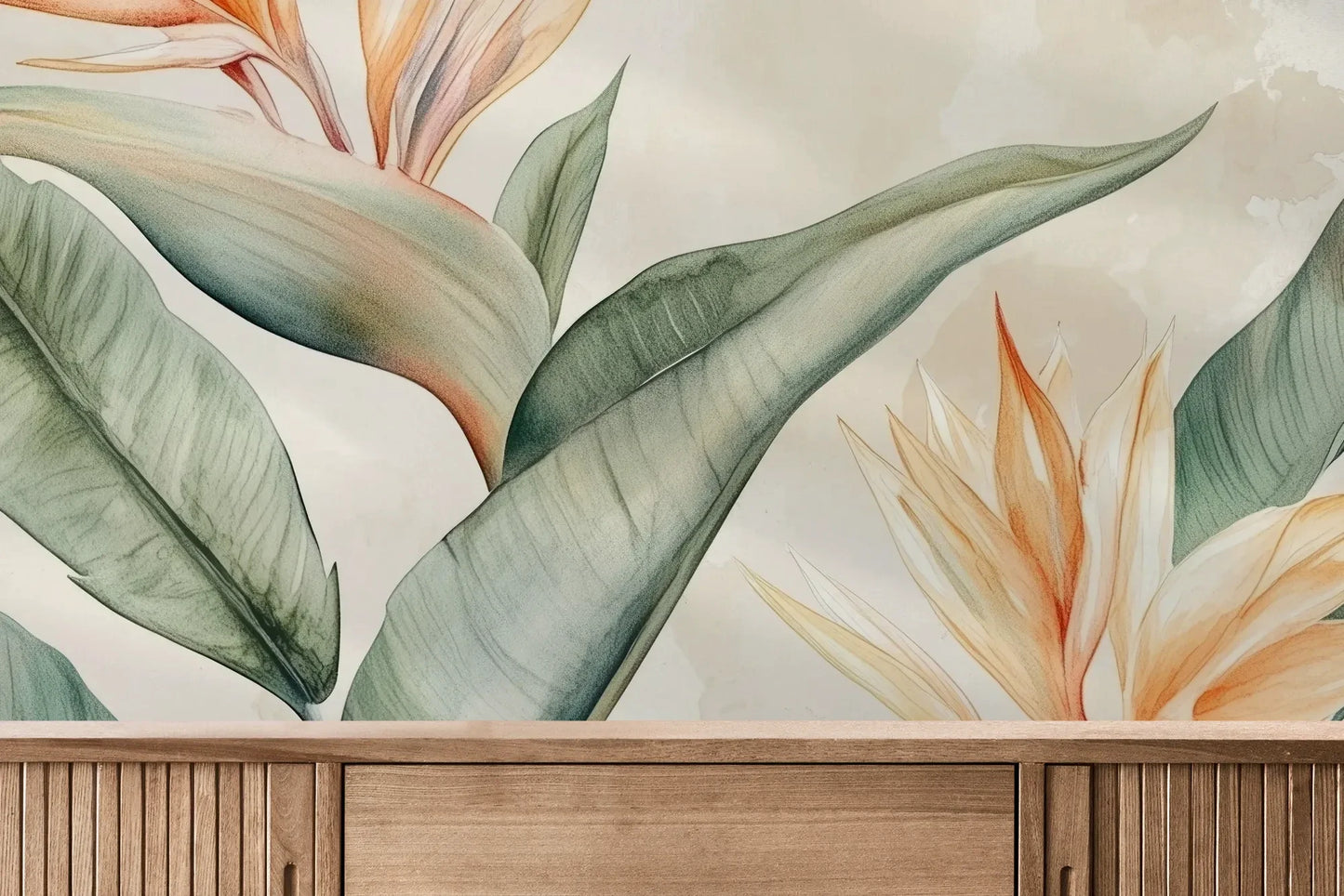 Fototapeta STRELITZIA MELODY - tapeta z rajskimi kwiatami w pastelowych odcieniach pokazana w aranżacji wnętrza z akcentem na ścianie.