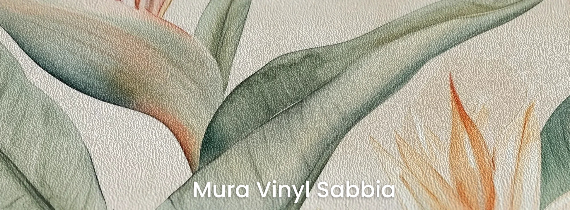 Zbliżenie na fototapetę STRELITZIA MELODY - tapeta z rajskimi kwiatami w pastelowych odcieniach na podłożu o strukturze ziarna piasku.