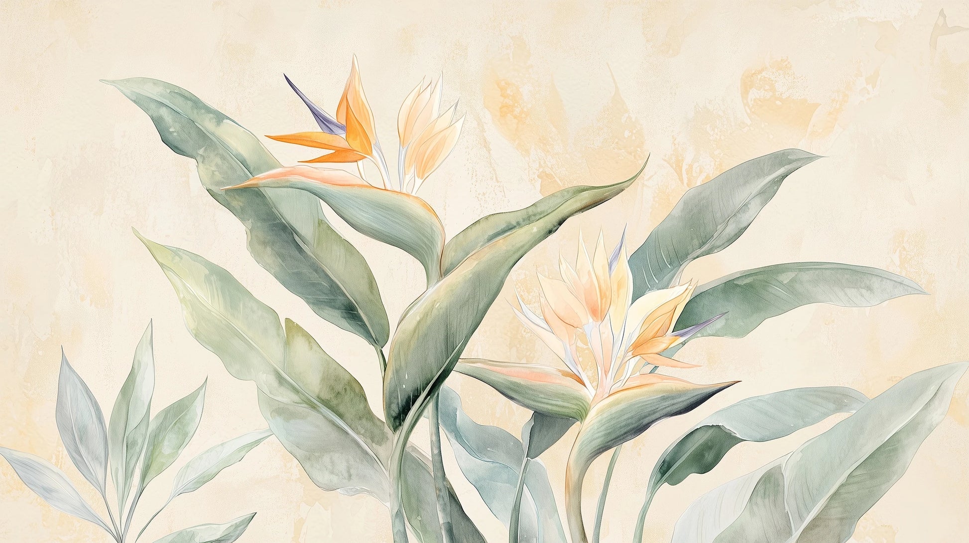 Prezentacja całego wzoru fototapety o nazwie STRELITZIA CHARM - tapeta z egzotycznymi kwiatami rajskiego ptaka w pastelowych odcieniach