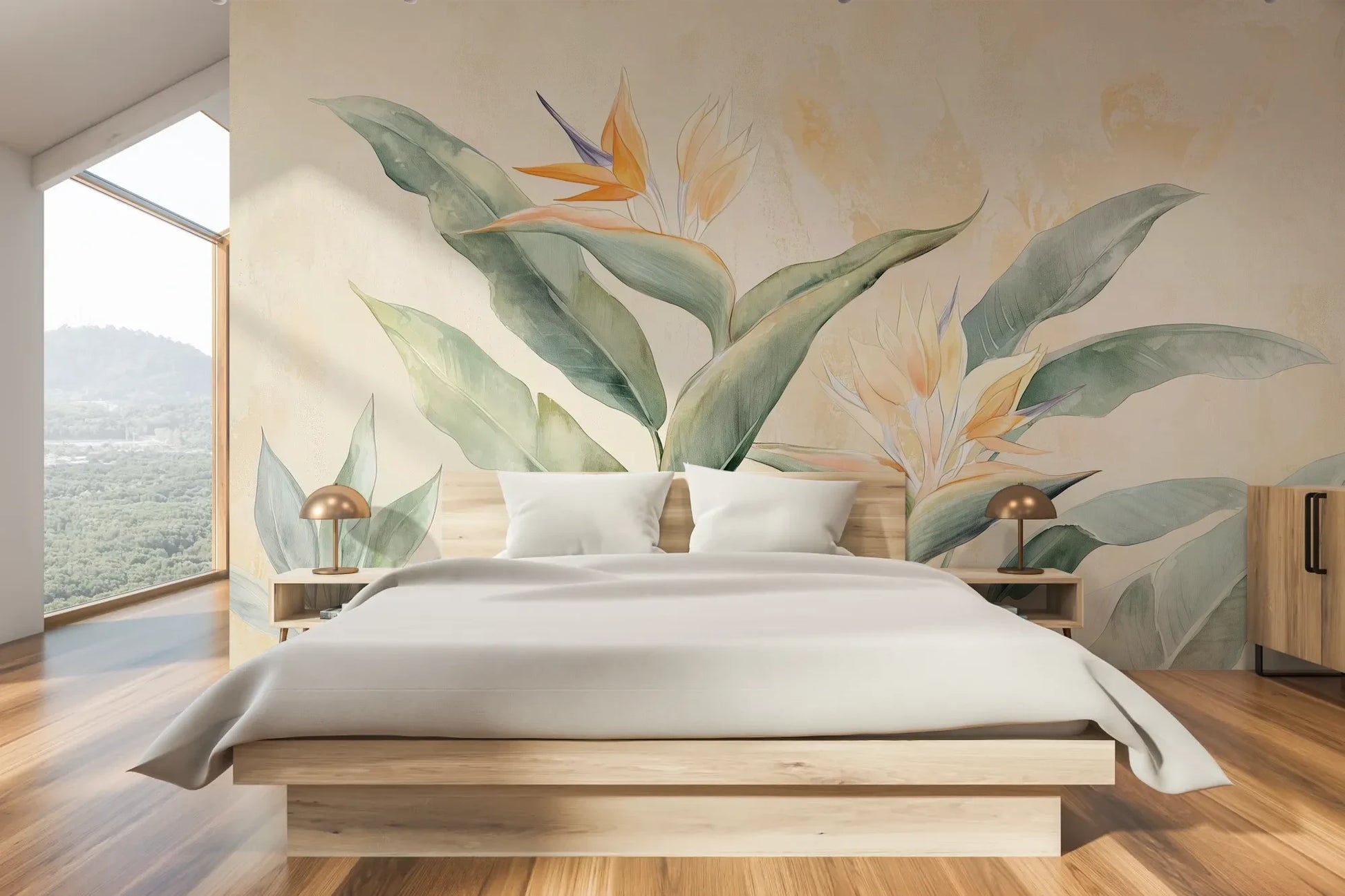 Wzór fototapety STRELITZIA CHARM - tapeta z egzotycznymi kwiatami rajskiego ptaka w pastelowych odcieniach pokazanej w aranżacji sypialni.