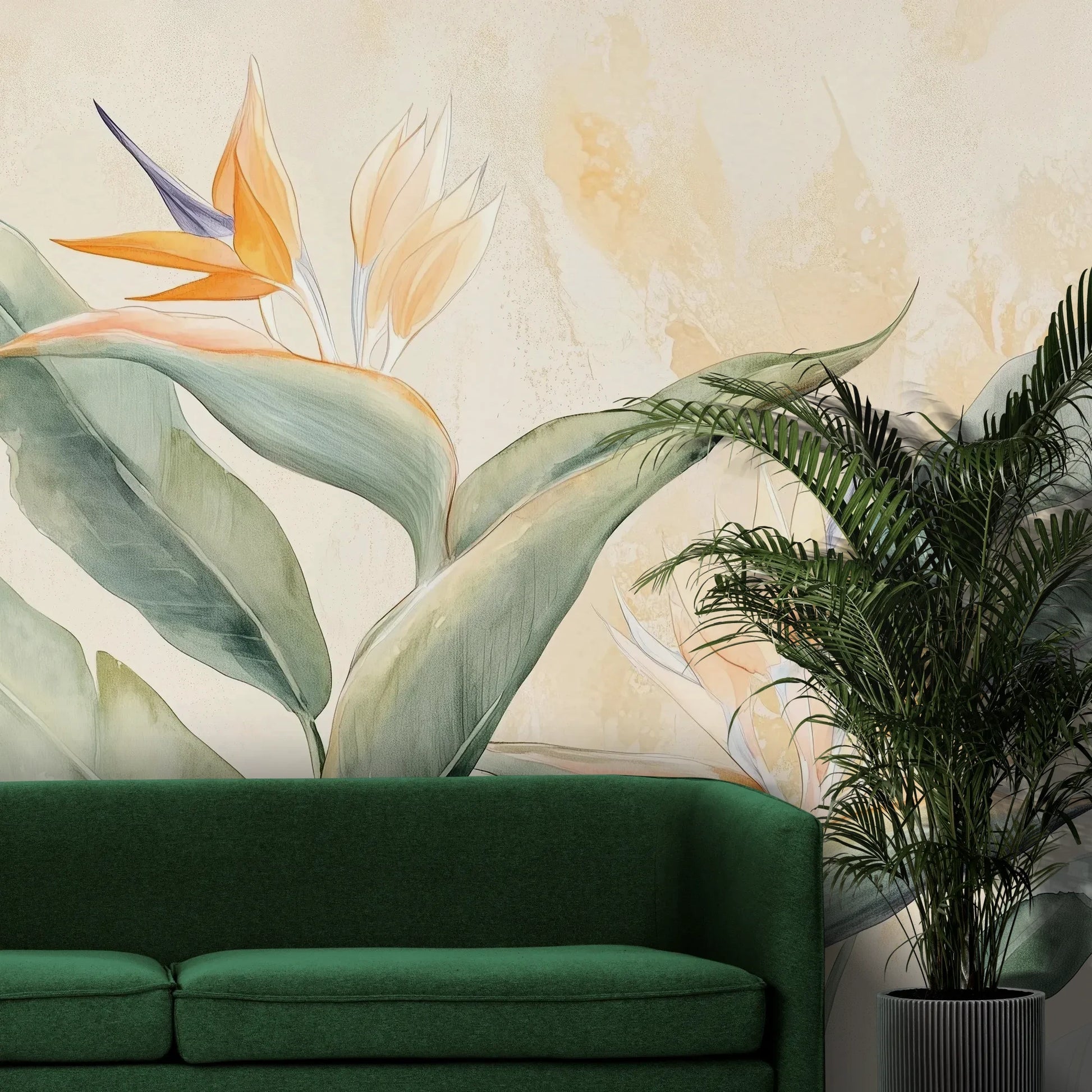 Fototapeta STRELITZIA CHARM - tapeta z egzotycznymi kwiatami rajskiego ptaka w pastelowych odcieniach pokazana w aranżacji wnętrza z akcentem na ścianie.