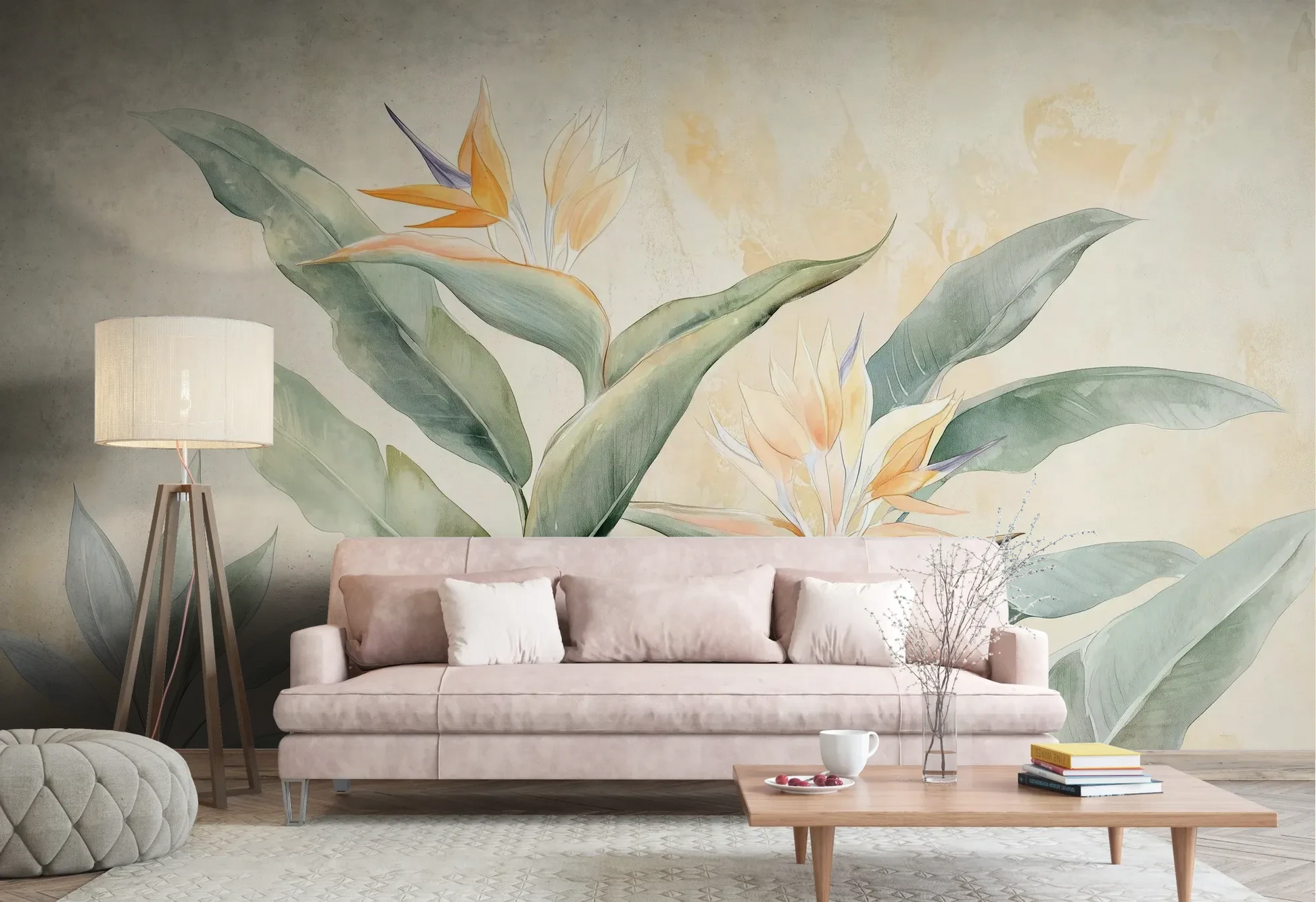 Wzór fototapety STRELITZIA CHARM - tapeta z egzotycznymi kwiatami rajskiego ptaka w pastelowych odcieniach pokazanej w aranżacji salonu.