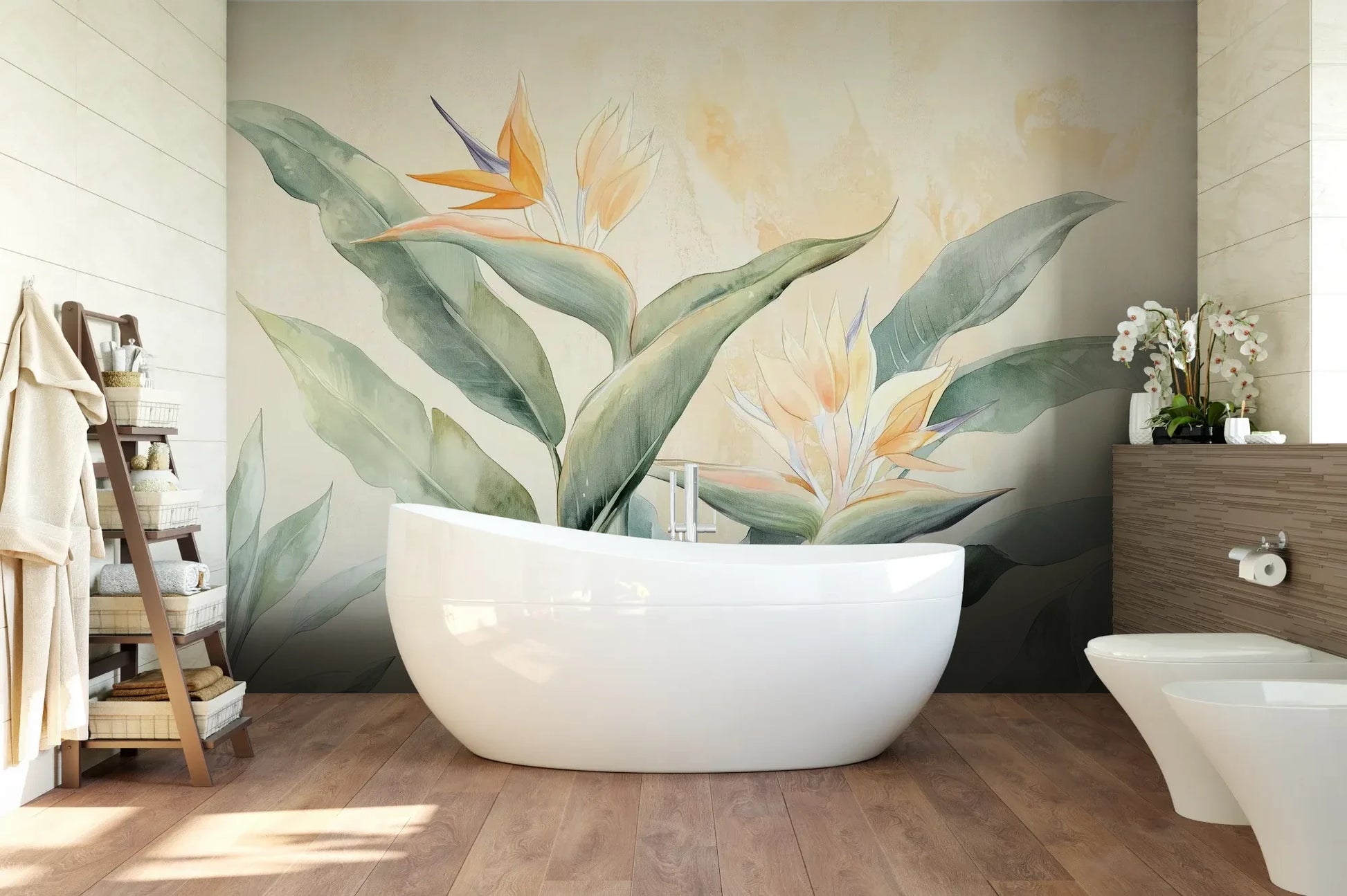 Wzór fototapety STRELITZIA CHARM - tapeta z egzotycznymi kwiatami rajskiego ptaka w pastelowych odcieniach pokazanej w aranżacji łazienki.